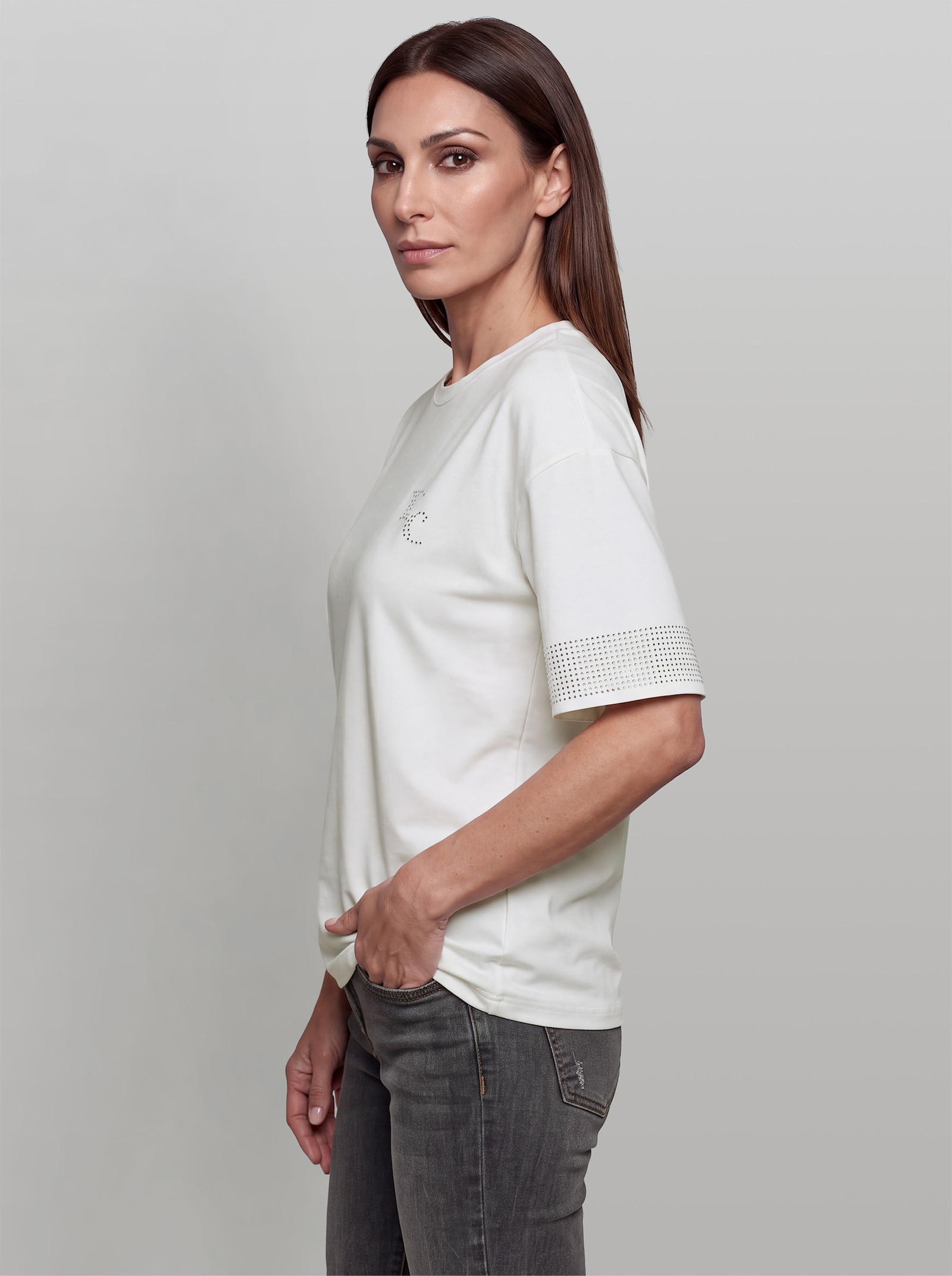 heine Kurzarmshirt mit Ziersteinchen - ecru-bedruckt