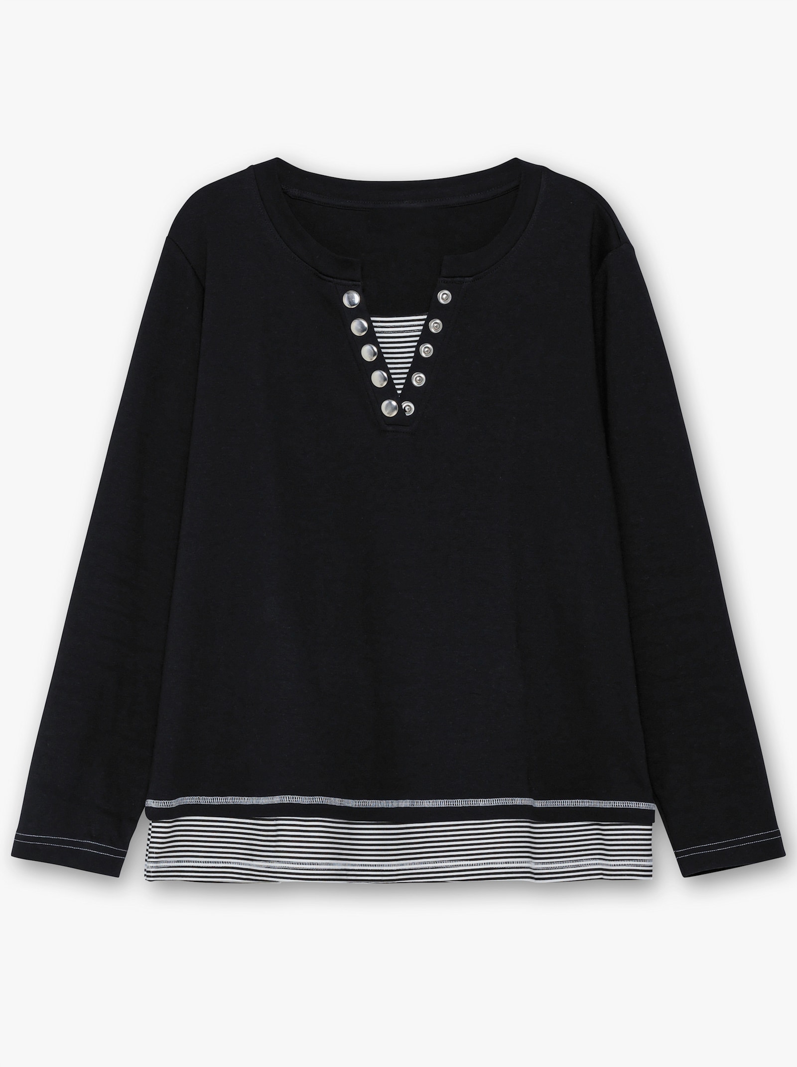 Rundhalsshirt mit gestreiften Einsätzen - schwarz-ecru-geringelt