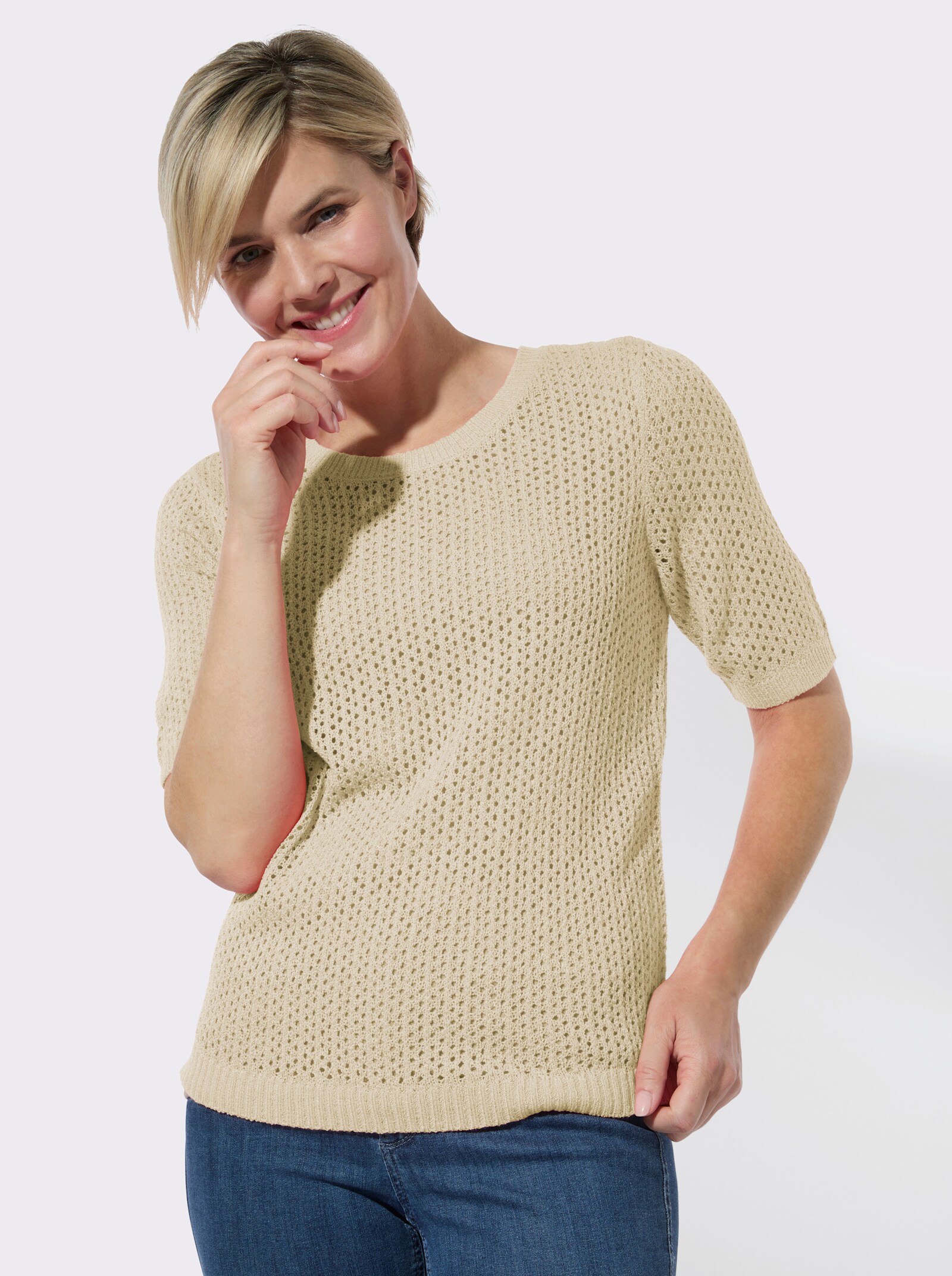 Ajourpullover mit kurzen Ärmeln - sand