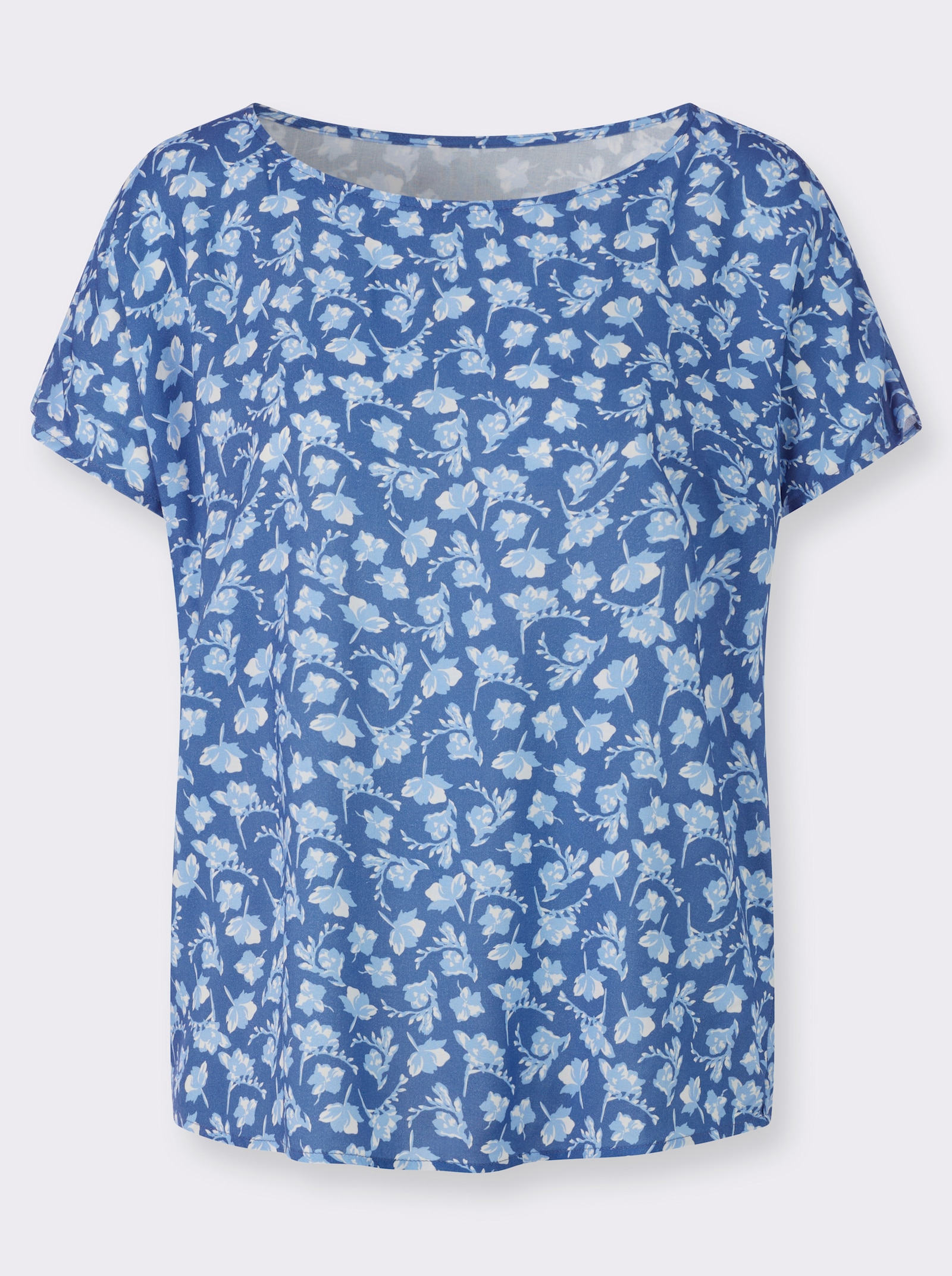 Blusenshirt mit Blüten-Dessin - jeansblau-weiß-bedruckt
