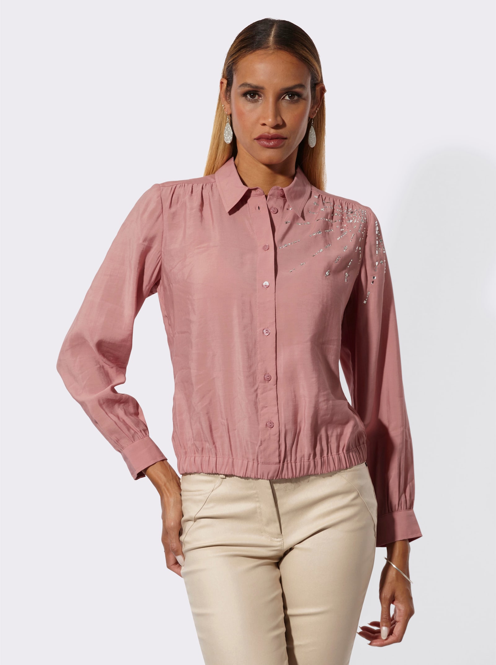 Hemdbluse mit Ziersteinchen - rosenholz