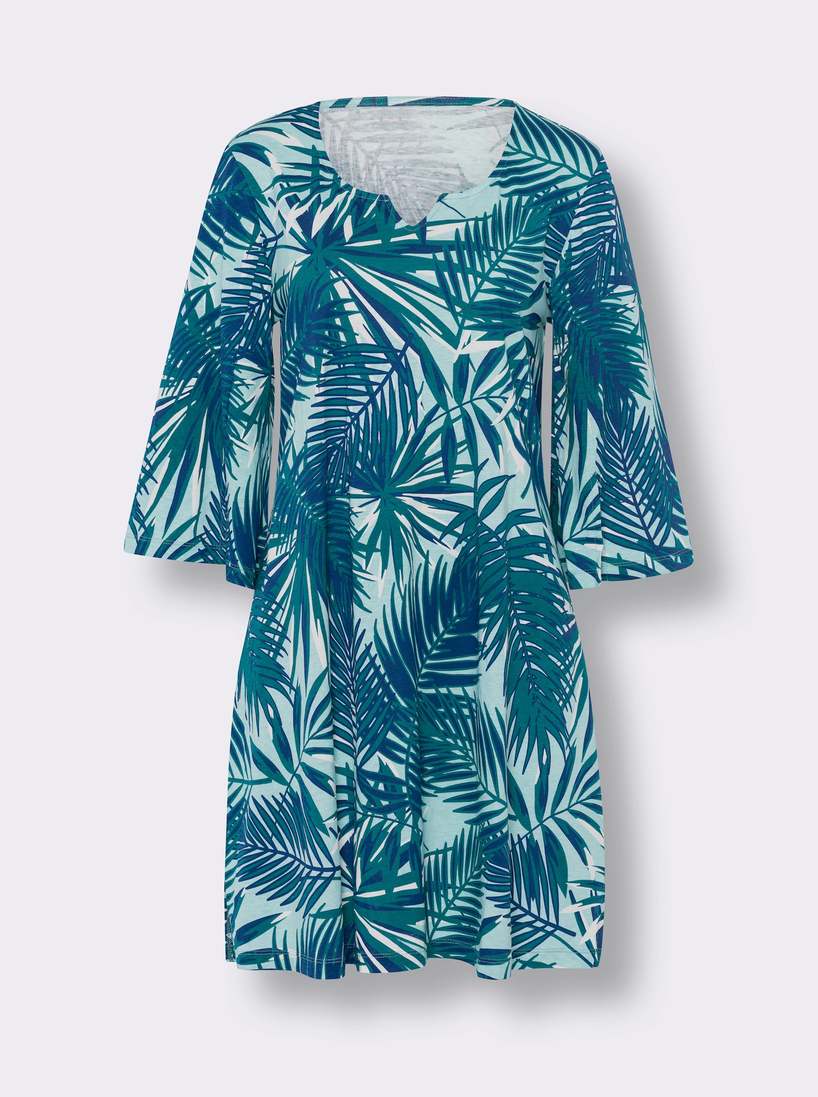 Zomerjurk met 3/4-mouwen - aquamarine/koningsblauw bedrukt