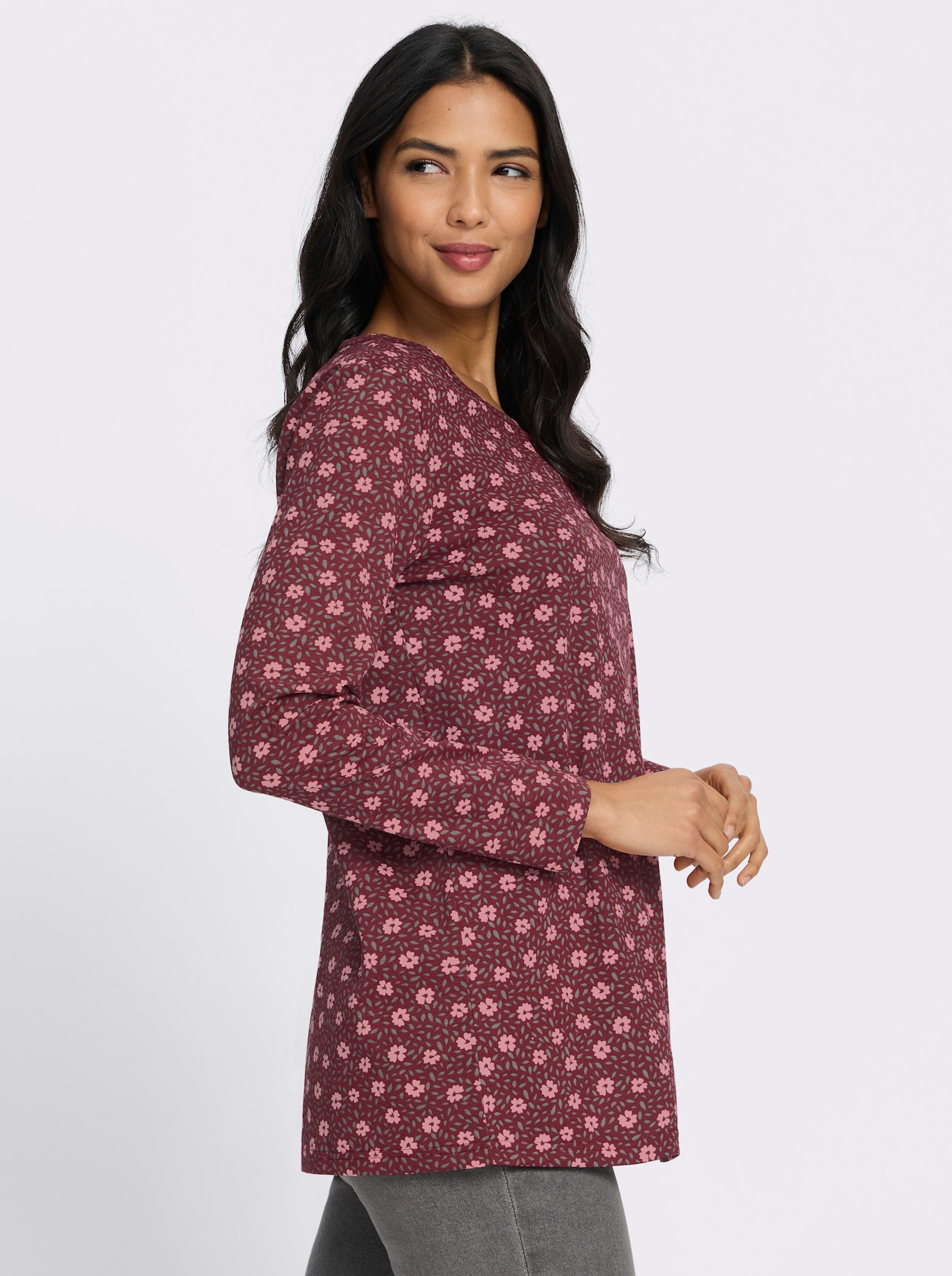 Longshirt in A-Linie - dunkelrot-rosenquarz-bedruckt