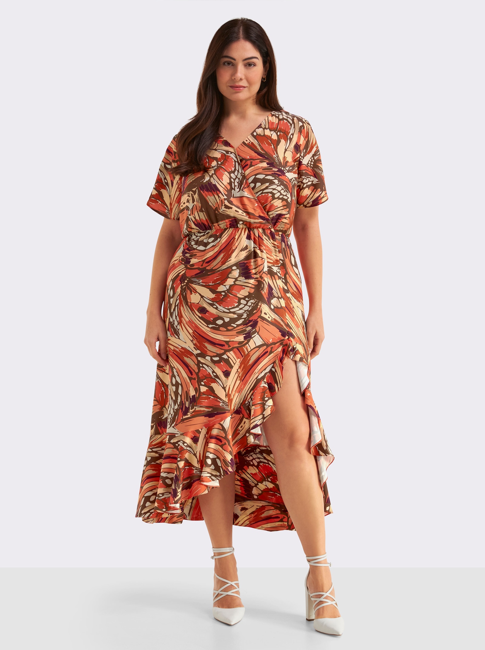 sheego Volantkleid mit Schmetterlingsprint - schoko-sand-bedruckt