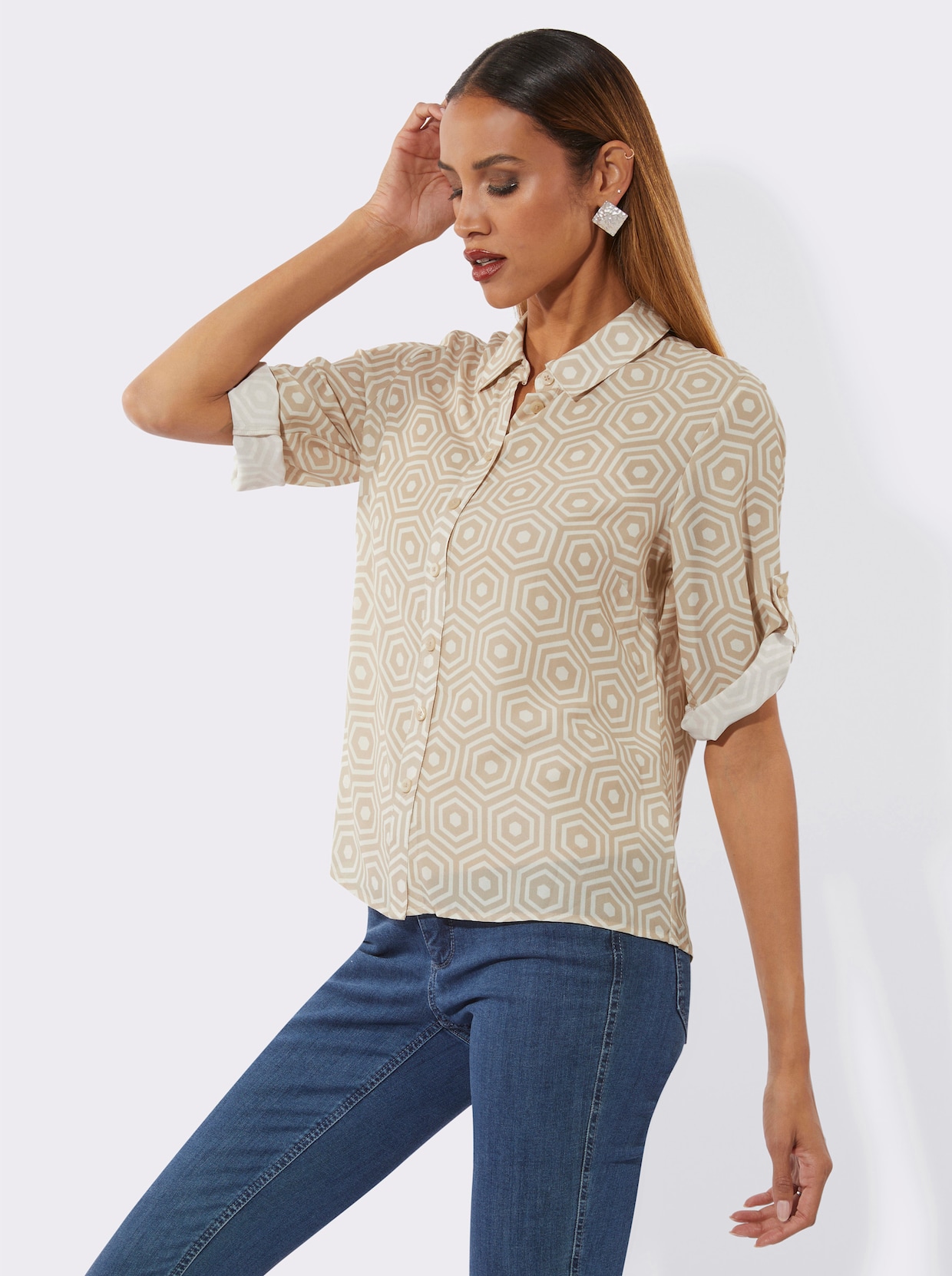Hemdbluse - ecru-sand-gemustert