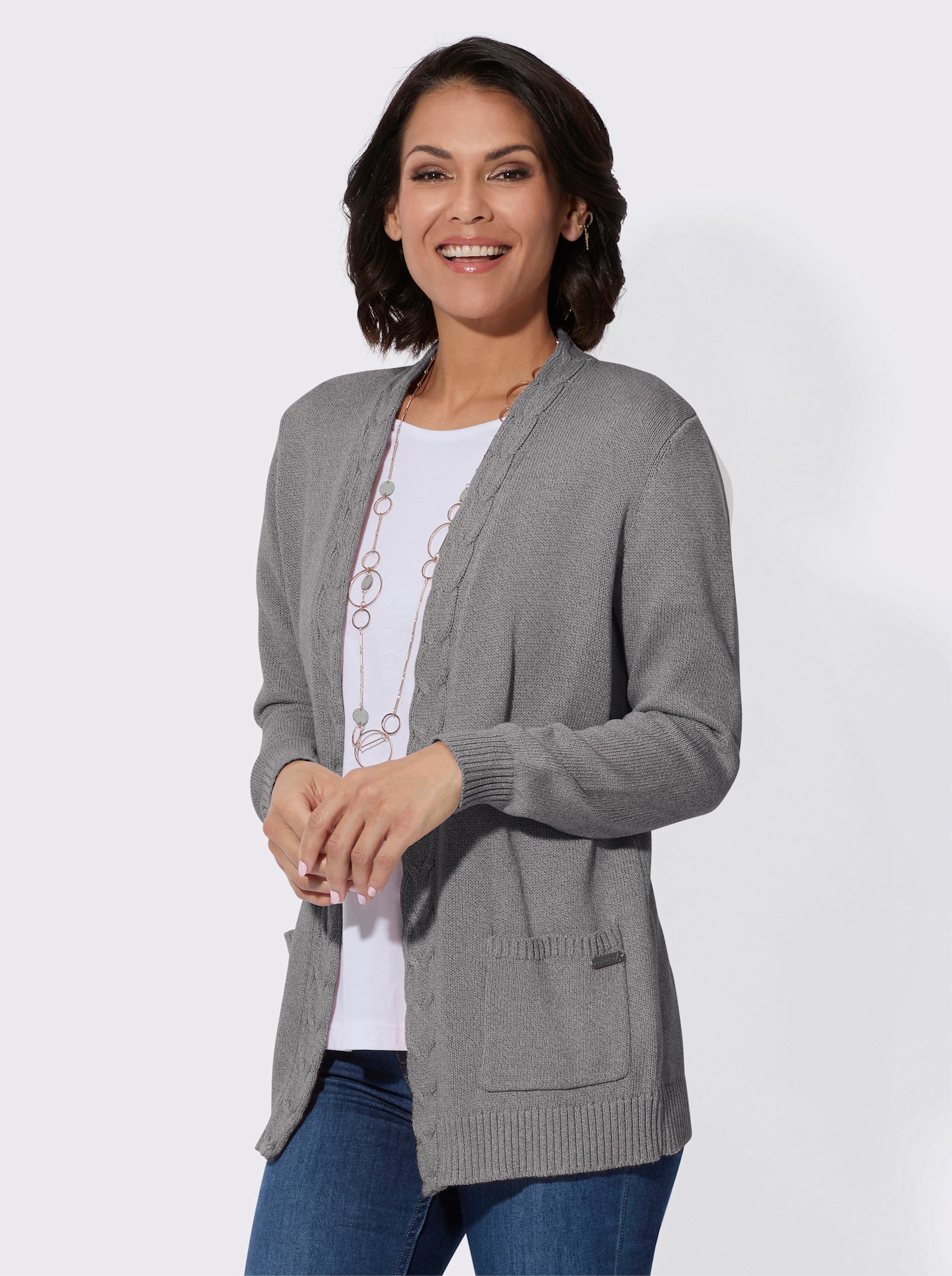 Strickjacke mit aufgesetzten Taschen - anthrazit-ecru-meliert