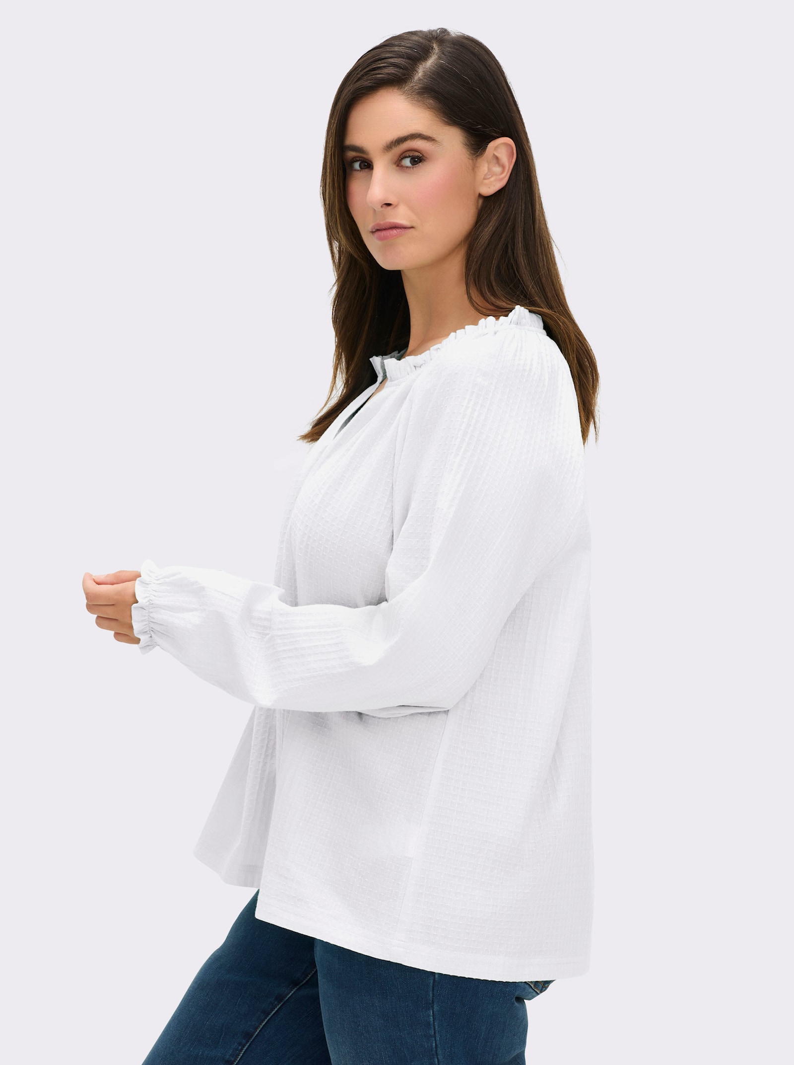 Langarmbluse mit Raffung, strukturiert - ecru