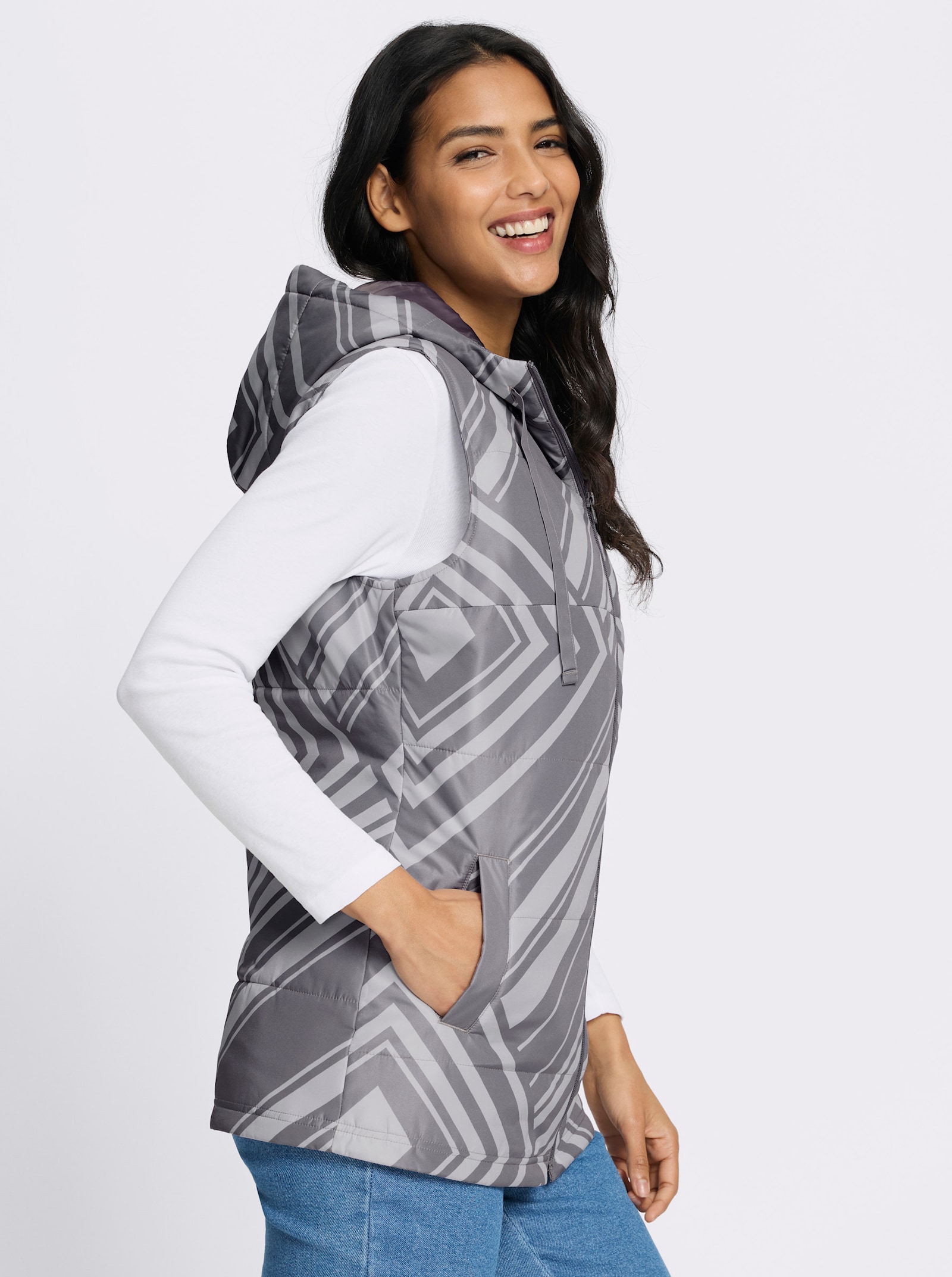 Steppweste mit grafischem Druck - grau-hellgrau-bedruckt