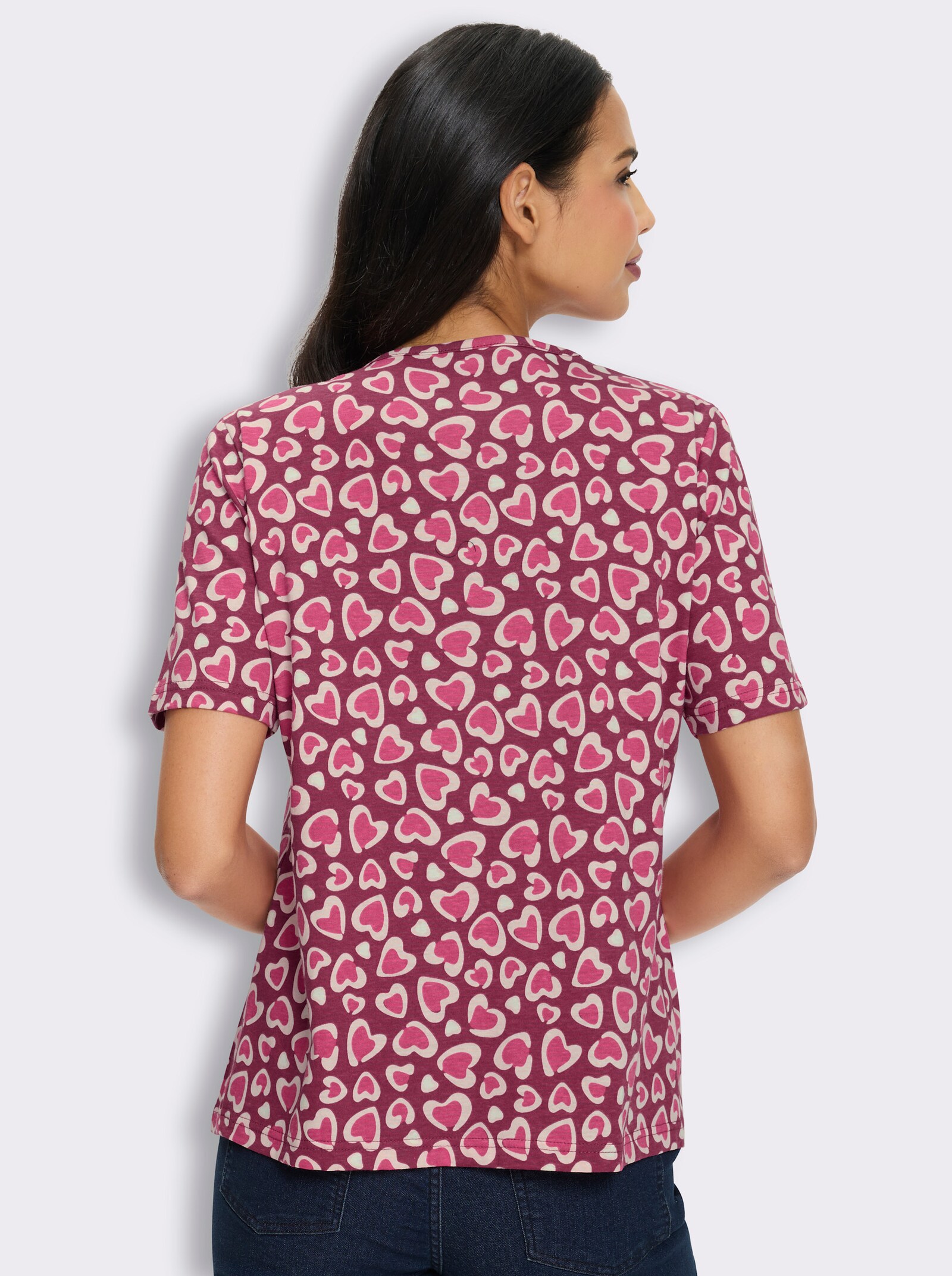Rundhalsshirt mit Falten am Ausschnitt - malve-hellrosé-bedruckt