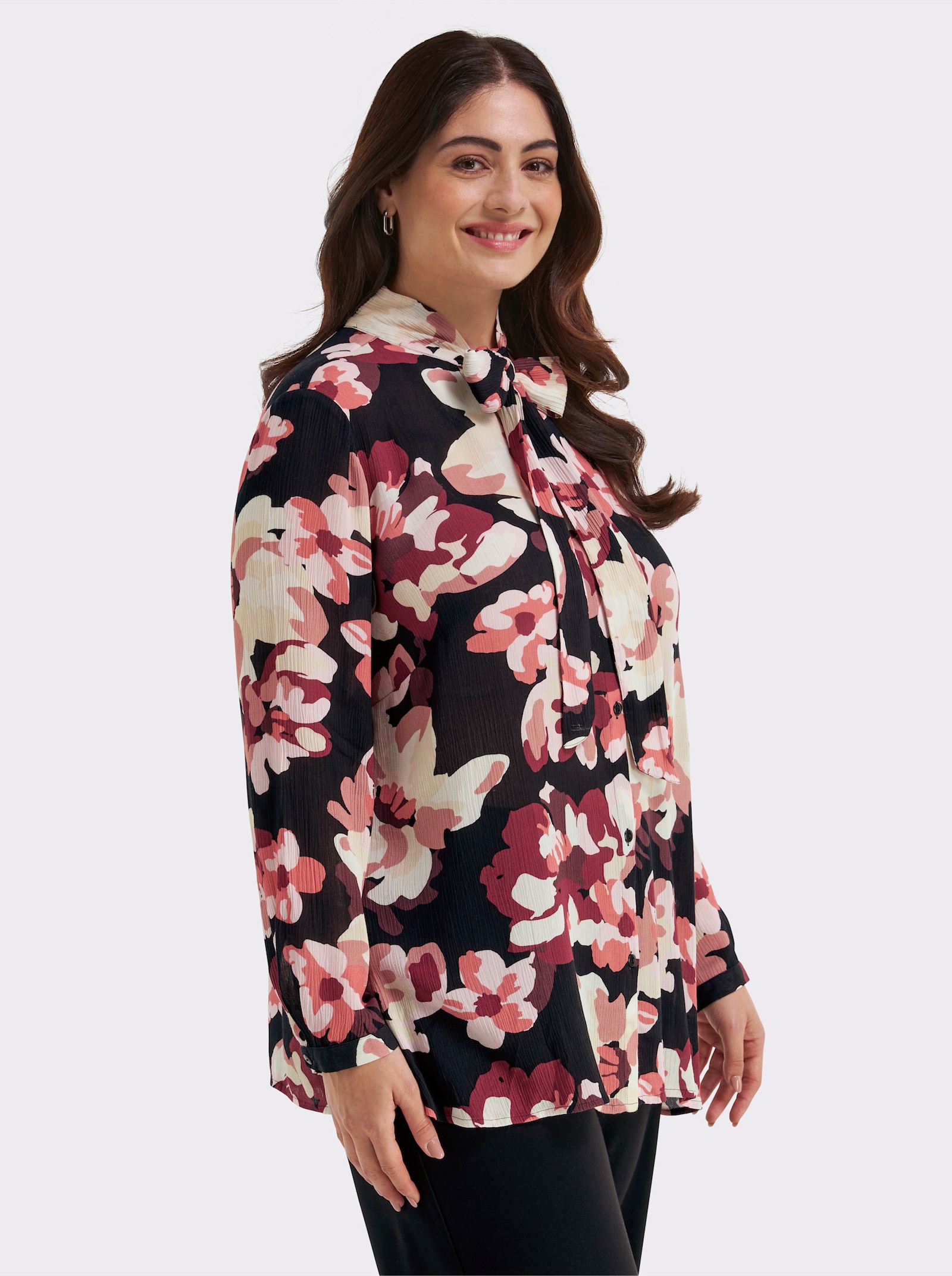 sheego Schluppenbluse mit Blumenprint - schwarz-koralle-bedruckt