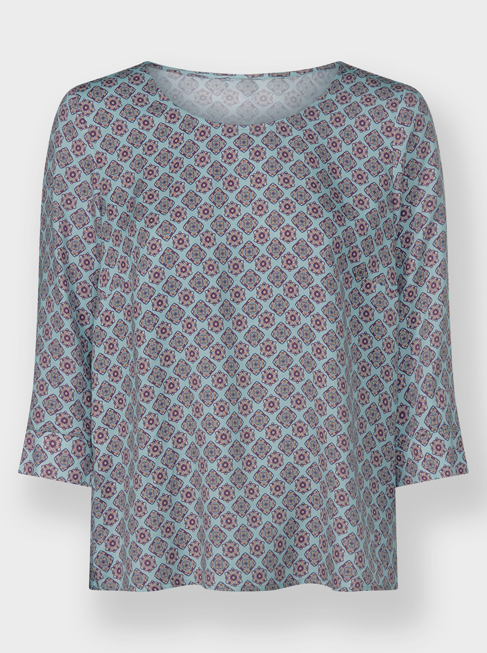 Schlupfbluse mit Seitenschlitzen am Saum - mint-marine-bedruckt