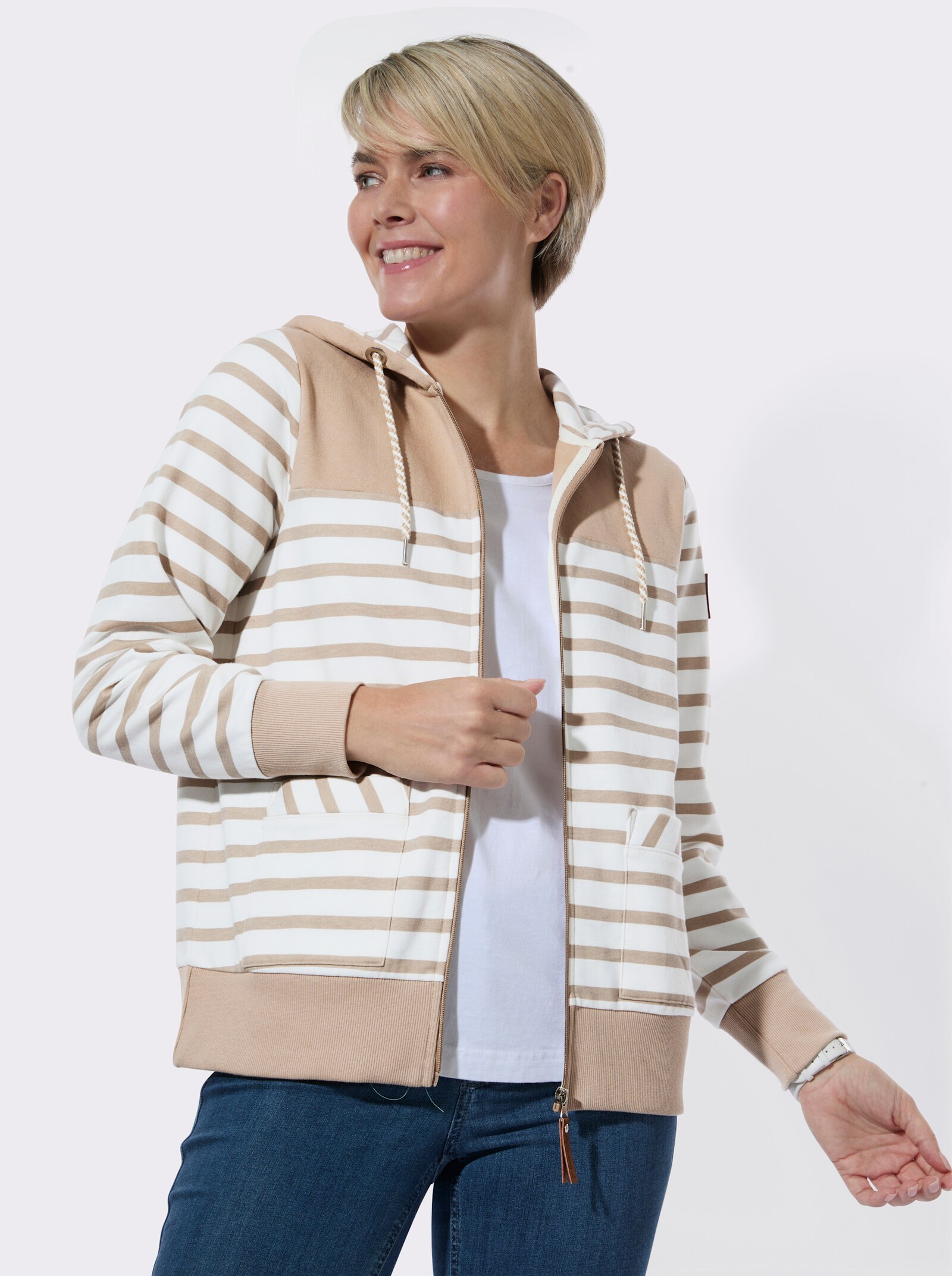 Shirtjacke mit schrägen Vordertaschen - sesam-ecru-geringelt