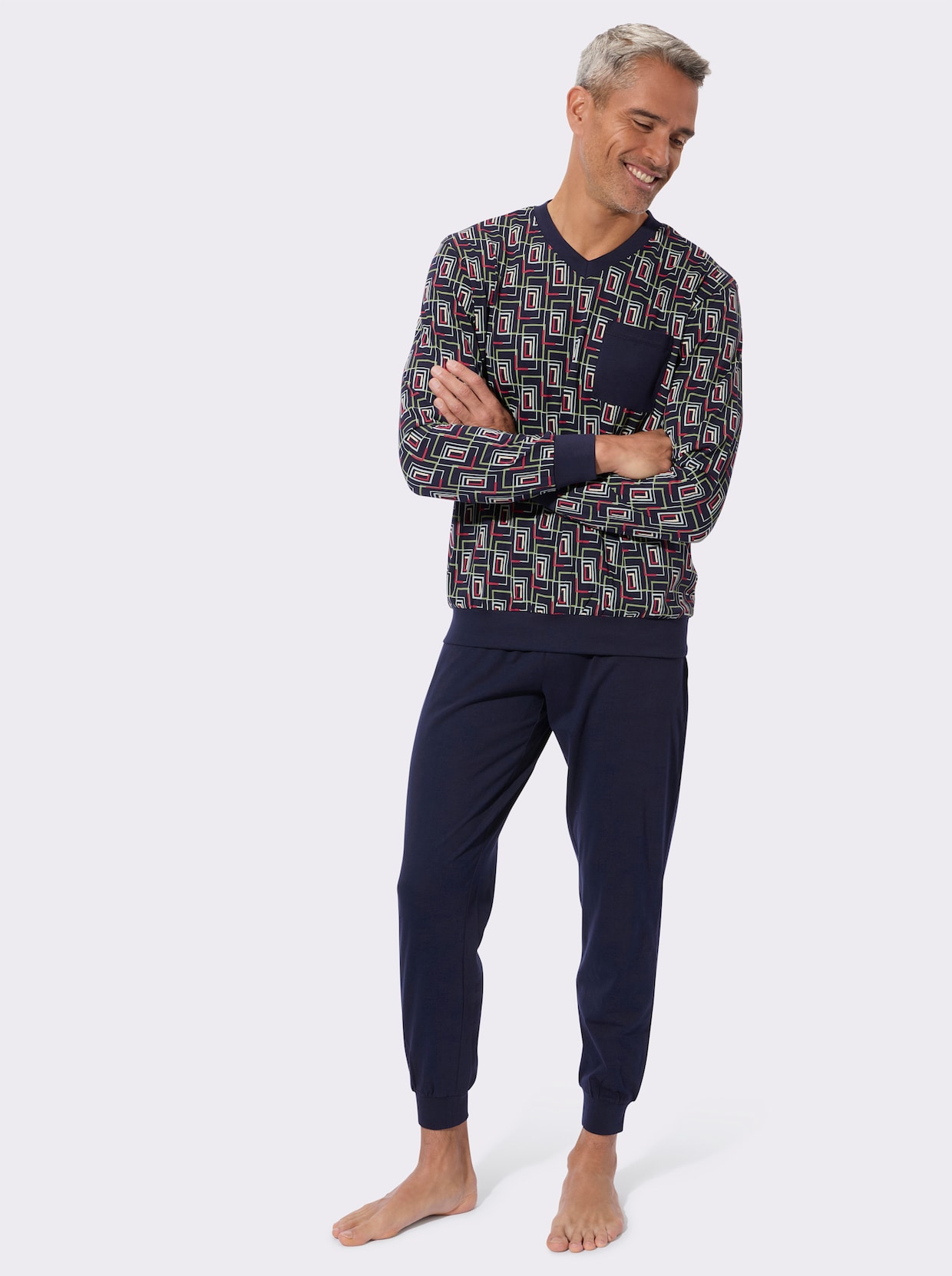 Pyjama met top met grafisch patroon - marine/rood geprint