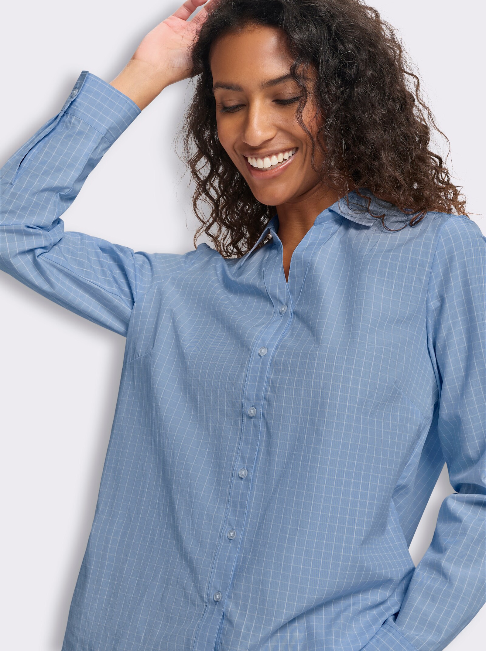 heine Karobluse mit V-Ausschnitt - bleu-ecru-kariert
