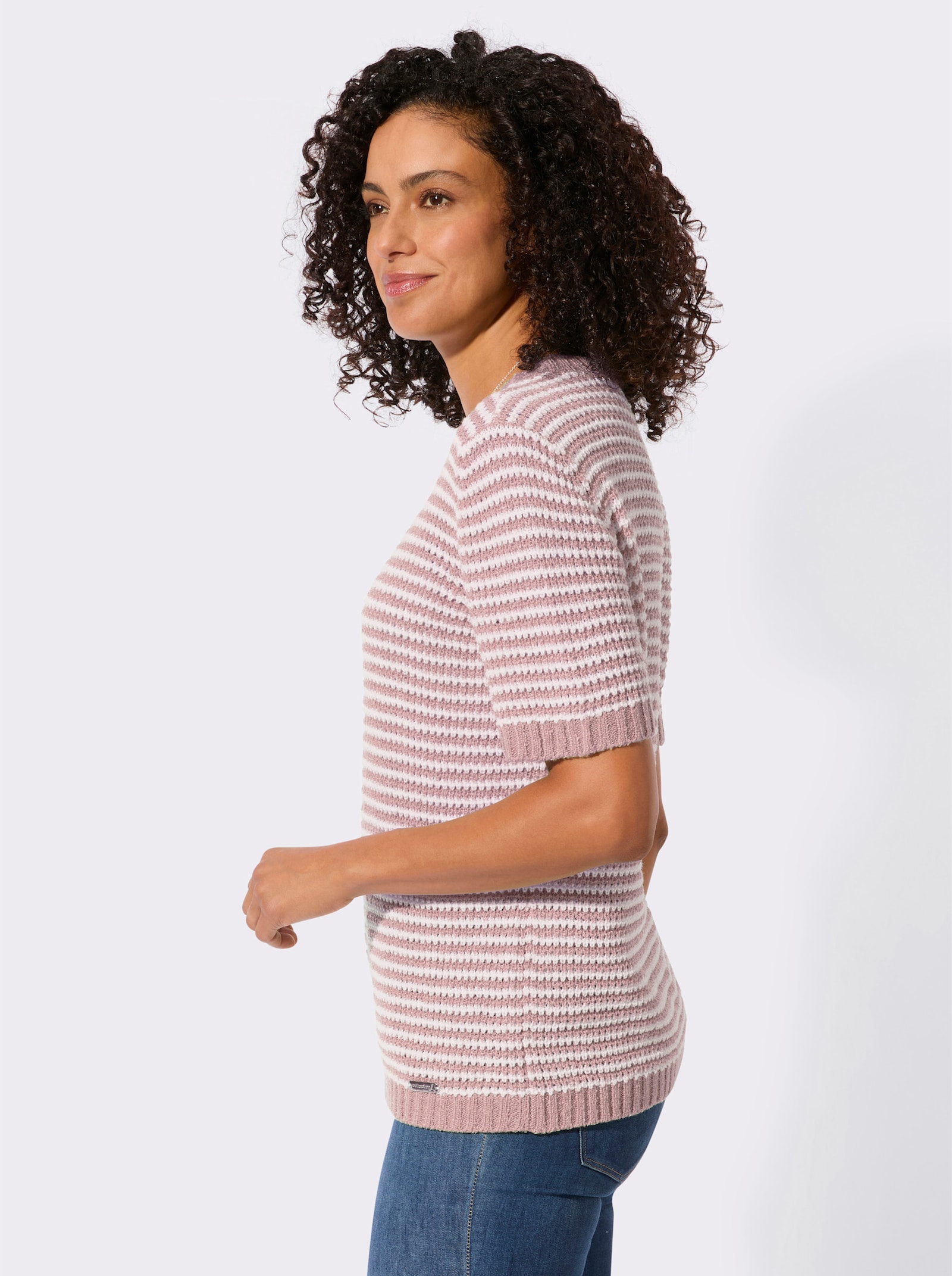 Kurzarmpullover im Ringelmuster - mauve-ecru-geringelt