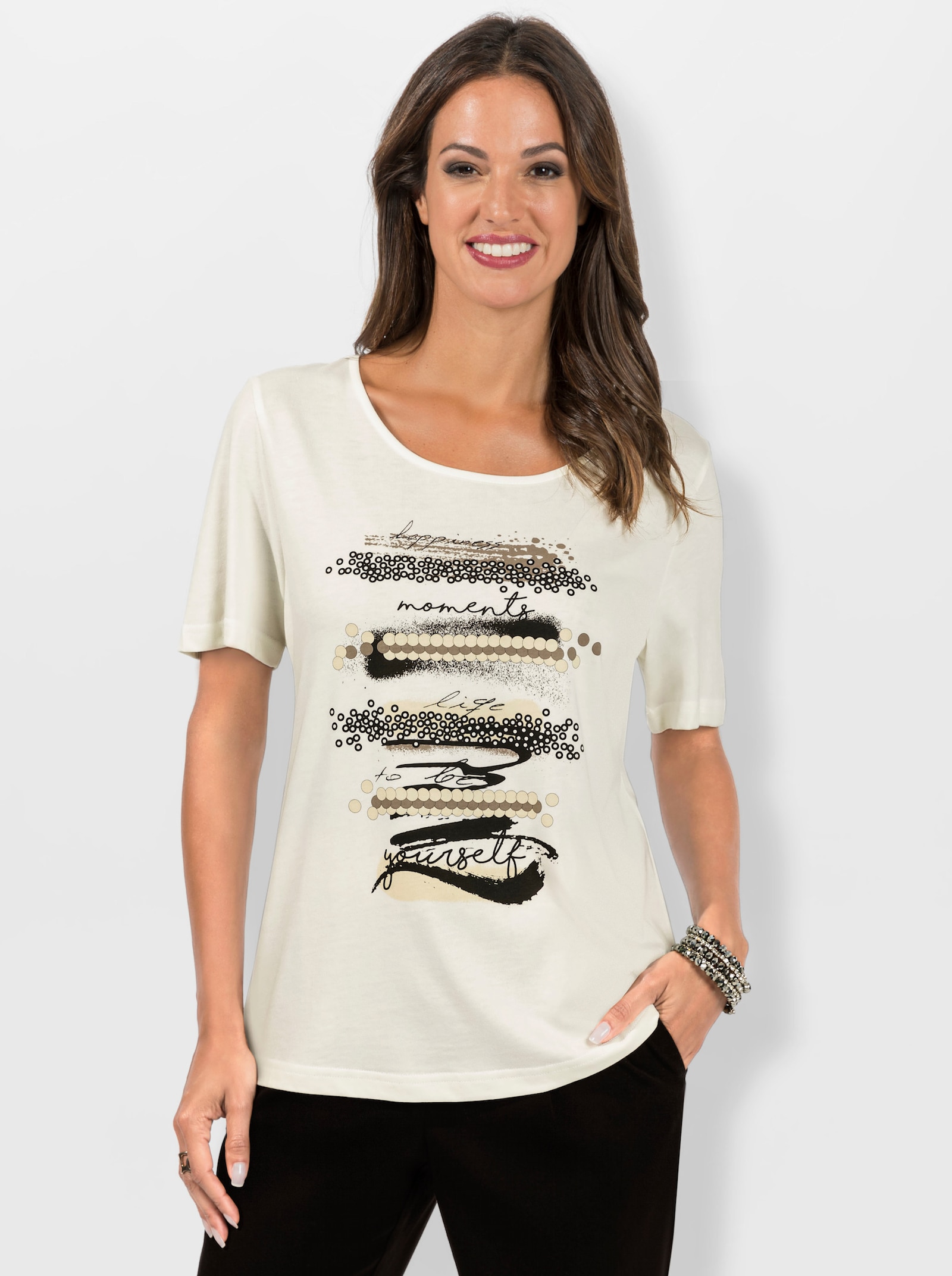 Kurzarmshirt mit Glanz-Details - ecru-schwarz-bedruckt