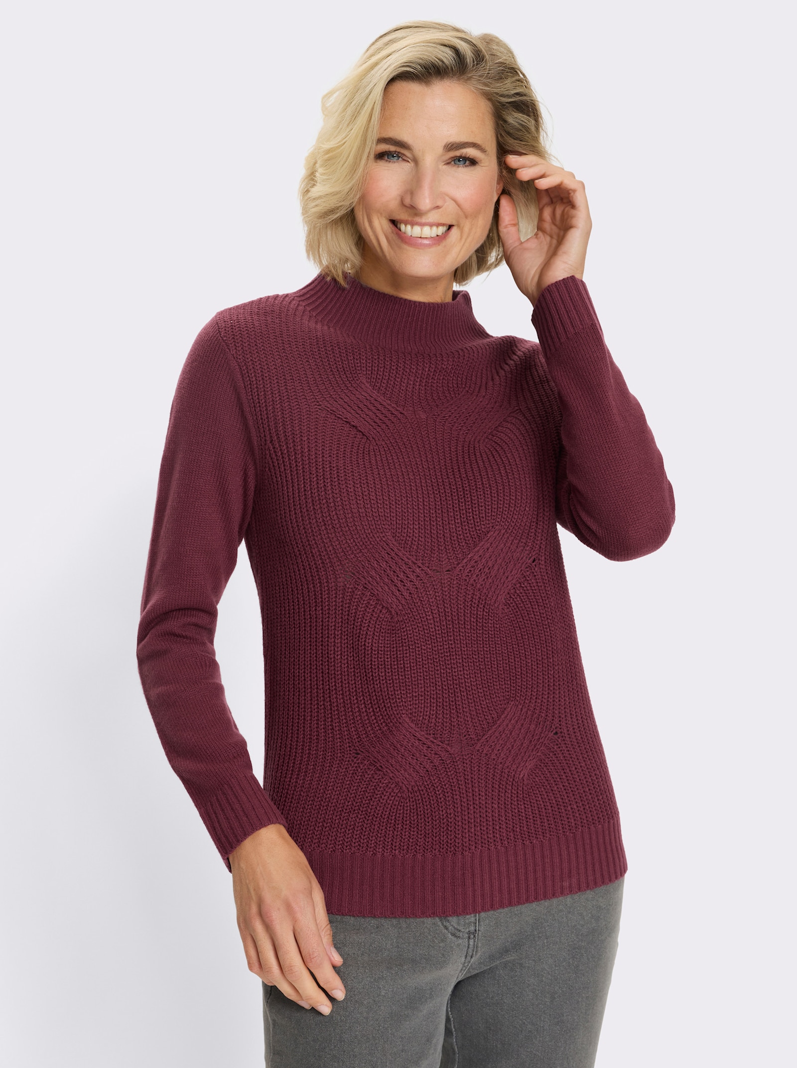 Svetr se stojáčkem a copánkovým vzorem vpředu - bordó