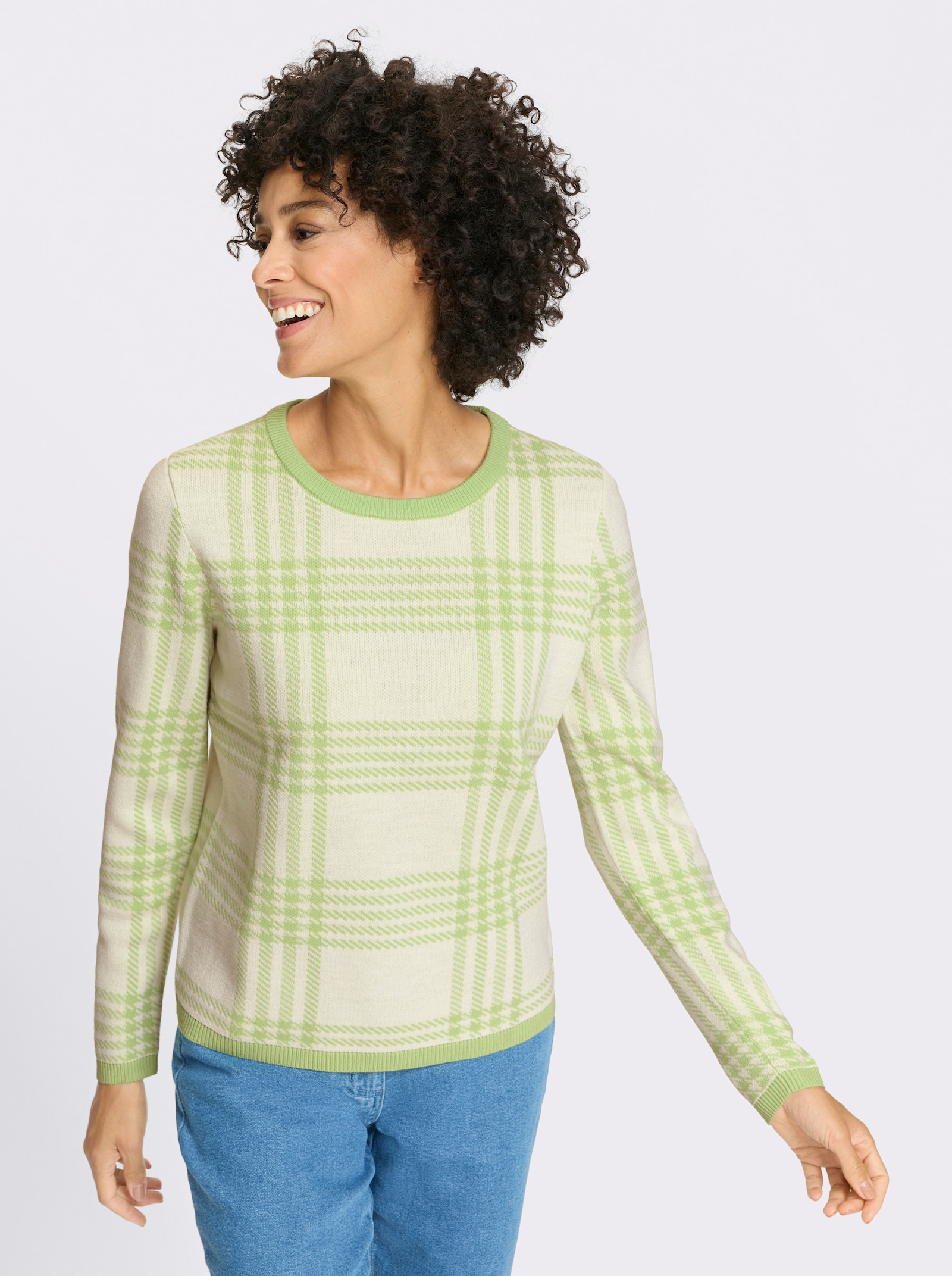 Pullover met ronde hals in een geruit jacquardpatroon - resedagroen/ecru gedessineerd