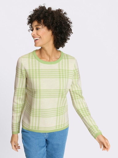 Rundhalspullover im Karo-Jacquardmuster - reseda-ecru-gemustert