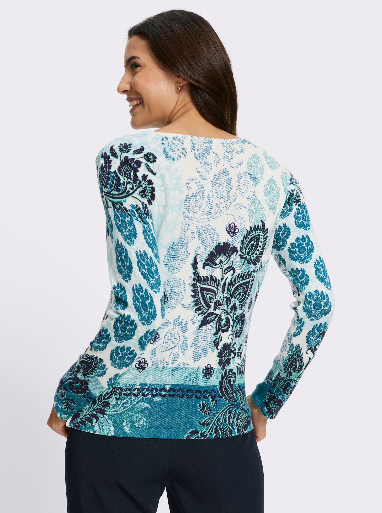 Feinstrickpullover mit platziertem Druck allover - ecru-ozean-bedruckt