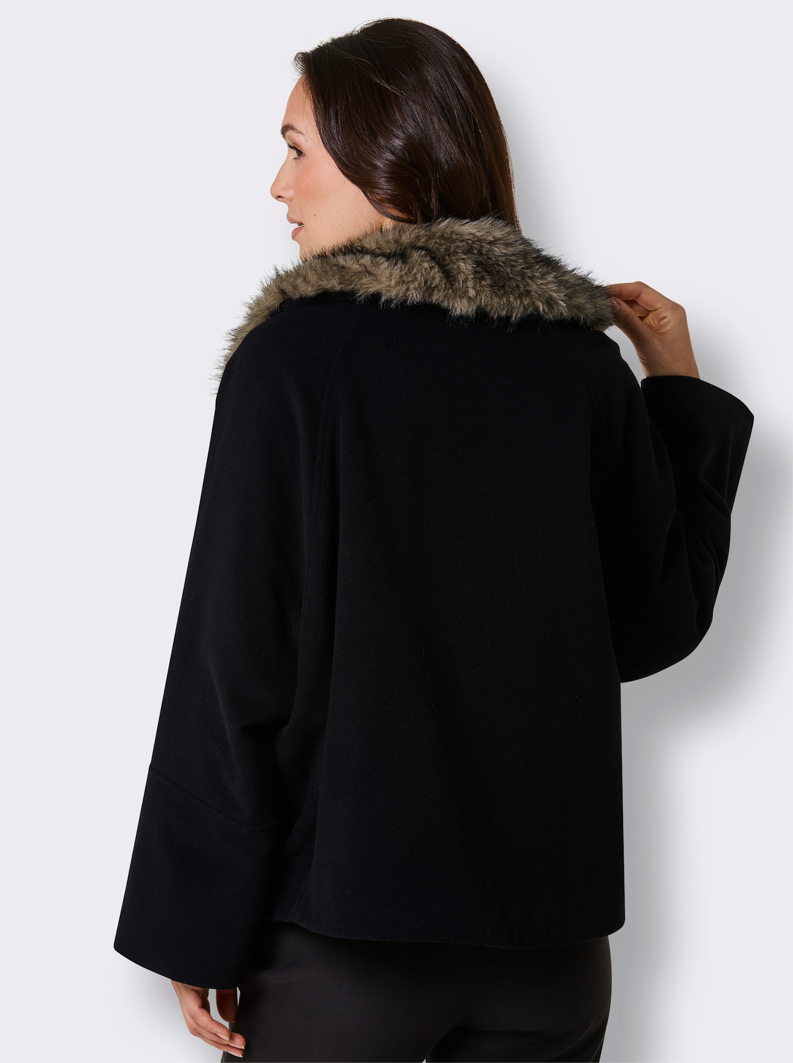 CREATION L PREMIUM Wolljacke mit Pelz-Imitat-Kragen - schwarz