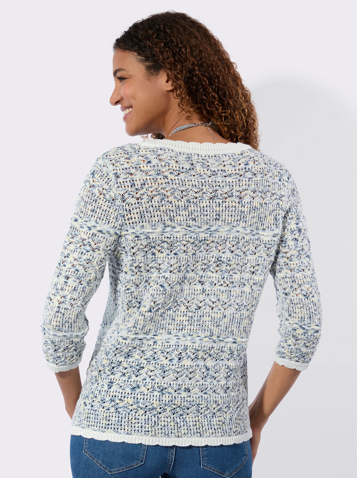 Ajour-Pullover - ecru-rauchblau-gemustert