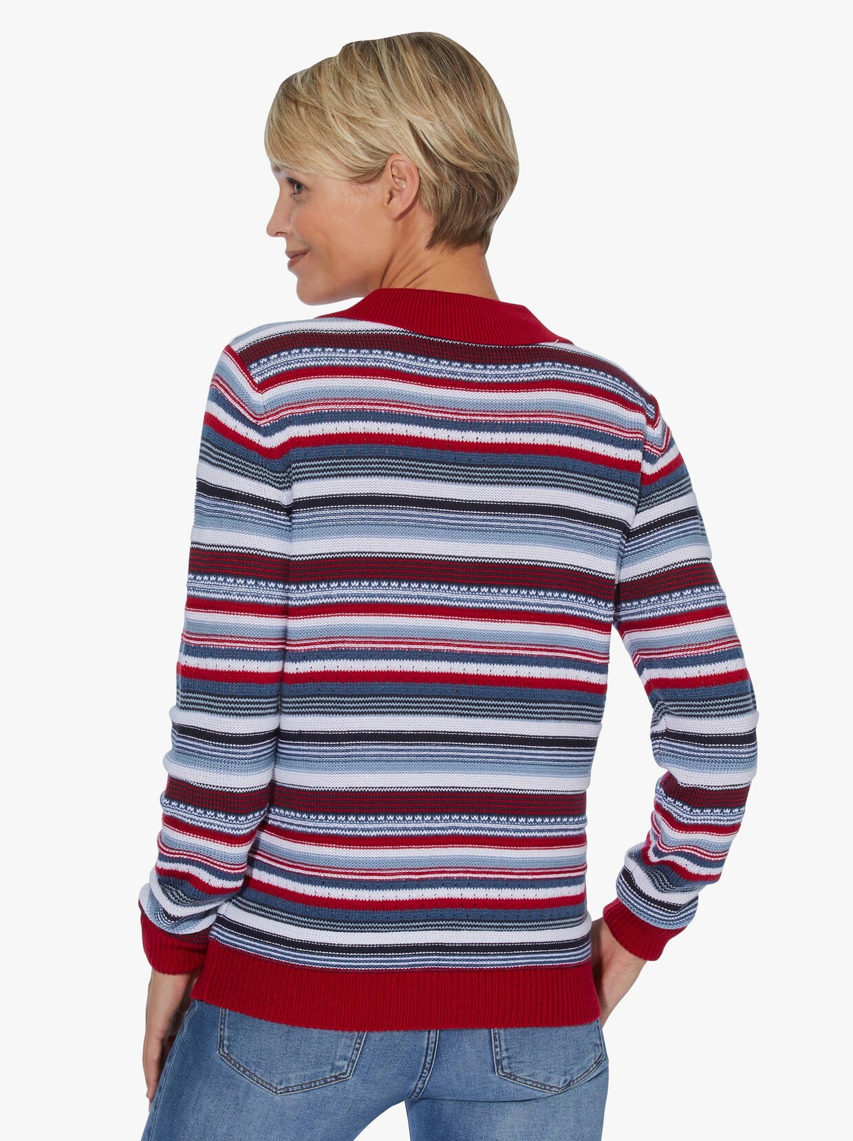 Langarm-Pullover - rot-jeansblau-geringelt