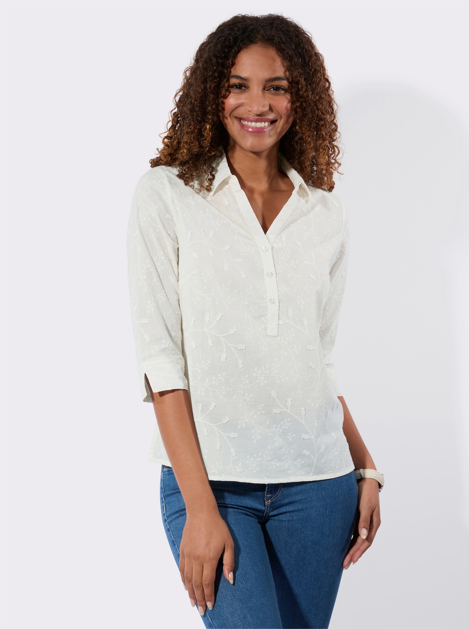 Baumwollbluse Mit 3-D-Blütenstickerei - ecru