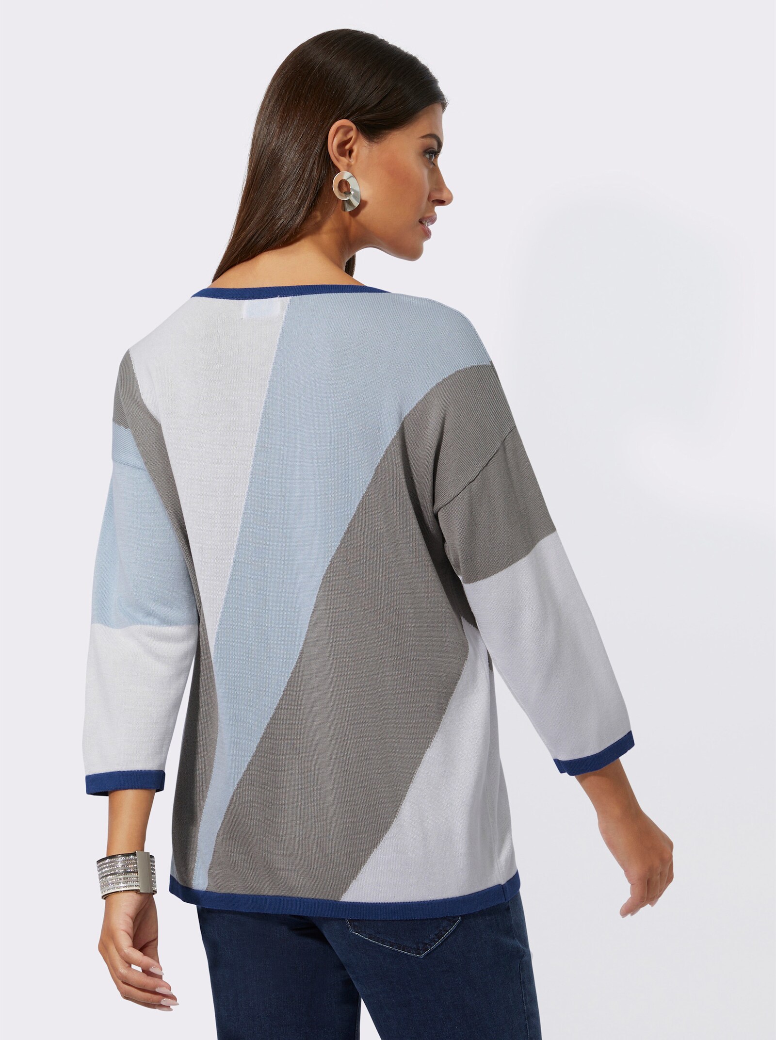 Jacquard-Pullover mit Glitzersteinchen - hellblau-ecru-gemustert