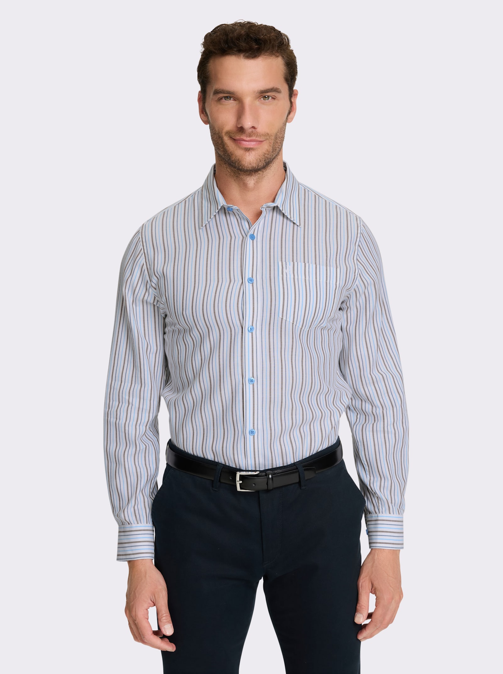 Marco Donati Langarmhemd in bügelfreier Popeline-Qualität - braun-gestreift