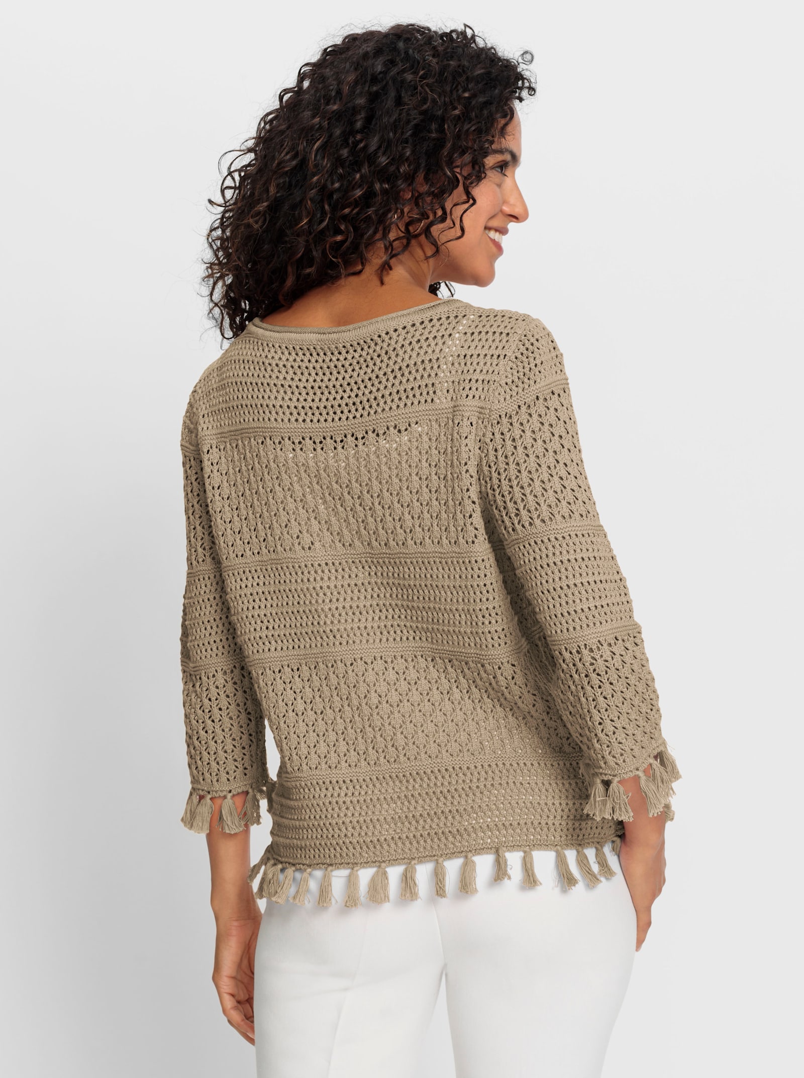 Ajourpullover mit Zierquasten - schlamm