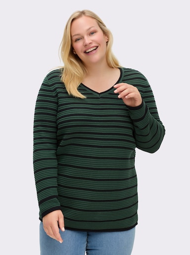 sheego Streifenpullover mit Rollkanten - moos-schwarz-geringelt