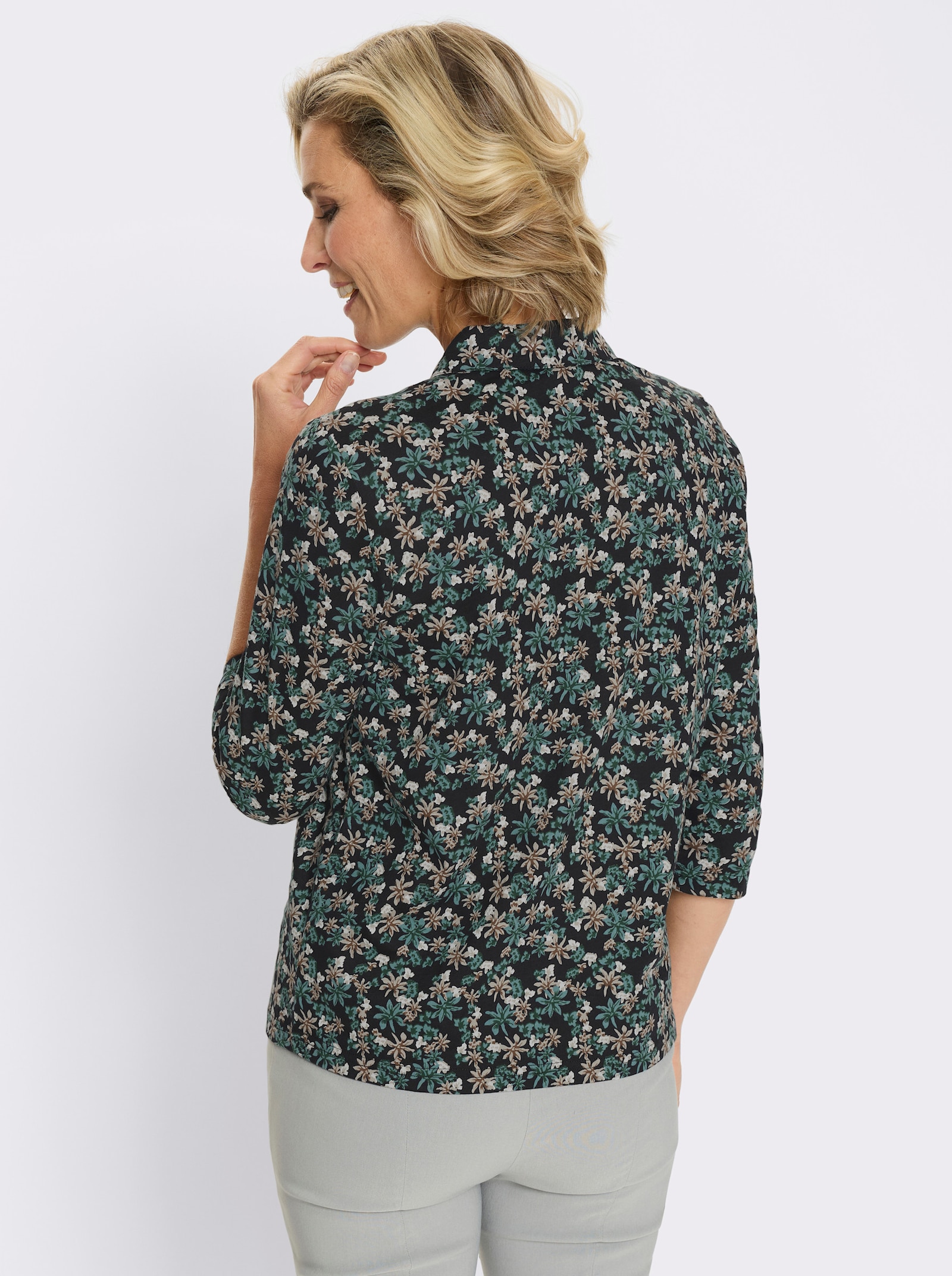 Poloshirt aus Baumwolle, geblümt - moos-sesam-bedruckt