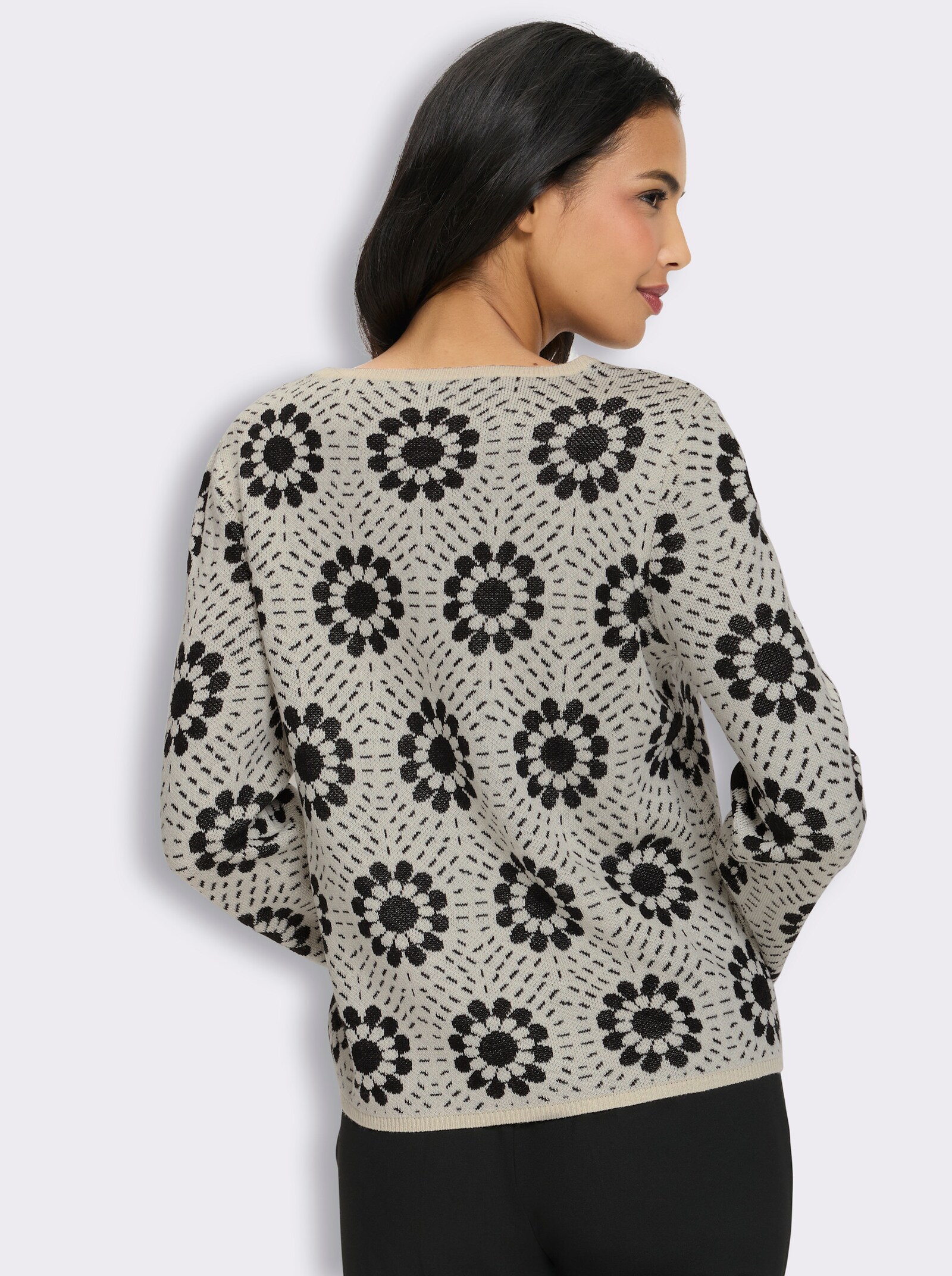 Jacquard-Pullover mit Blumen-Muster - champagner-schwarz-gemustert
