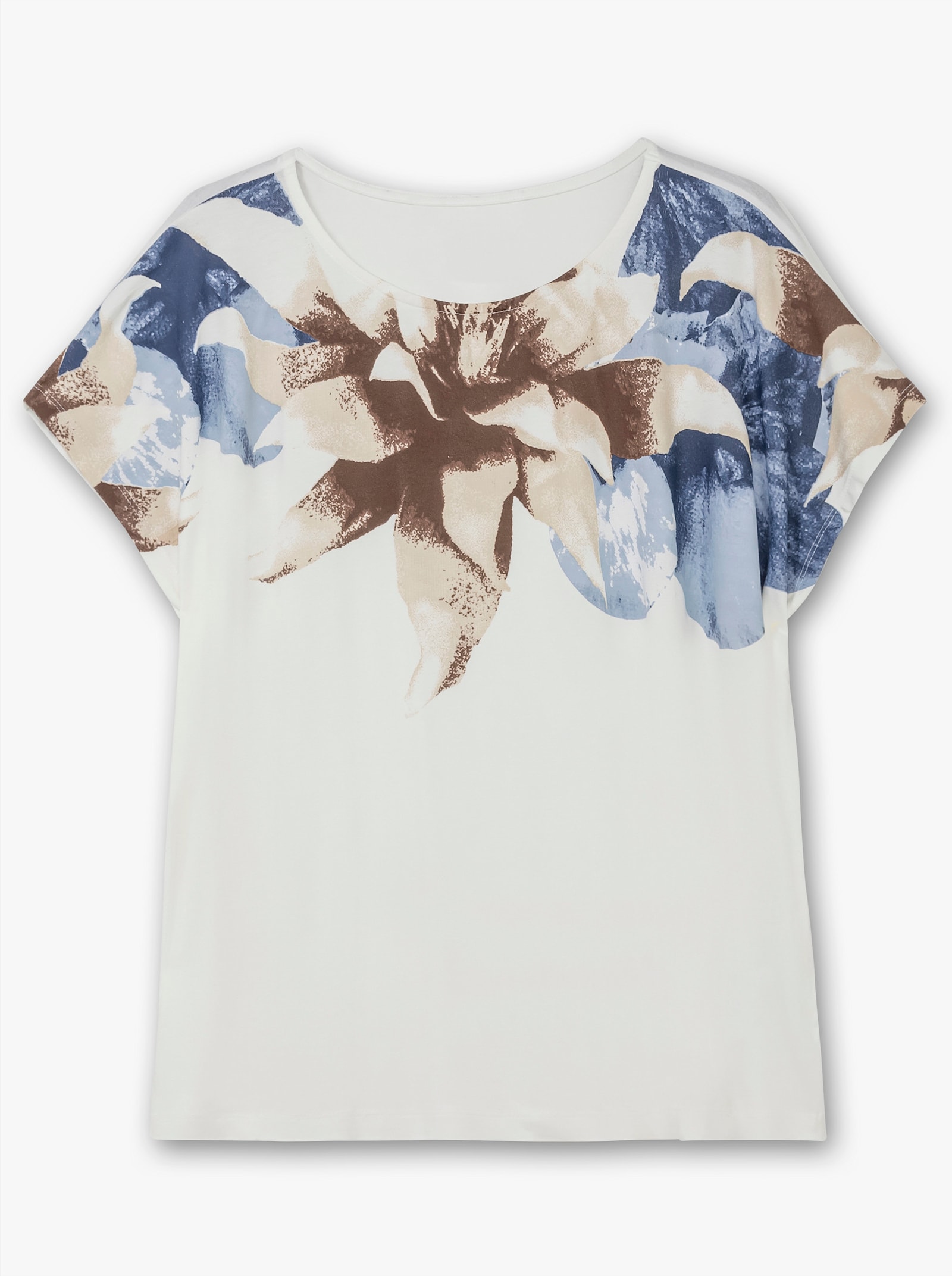 Rundhalsshirt mit Blüten-Druck - ecru-hellblau-bedruckt