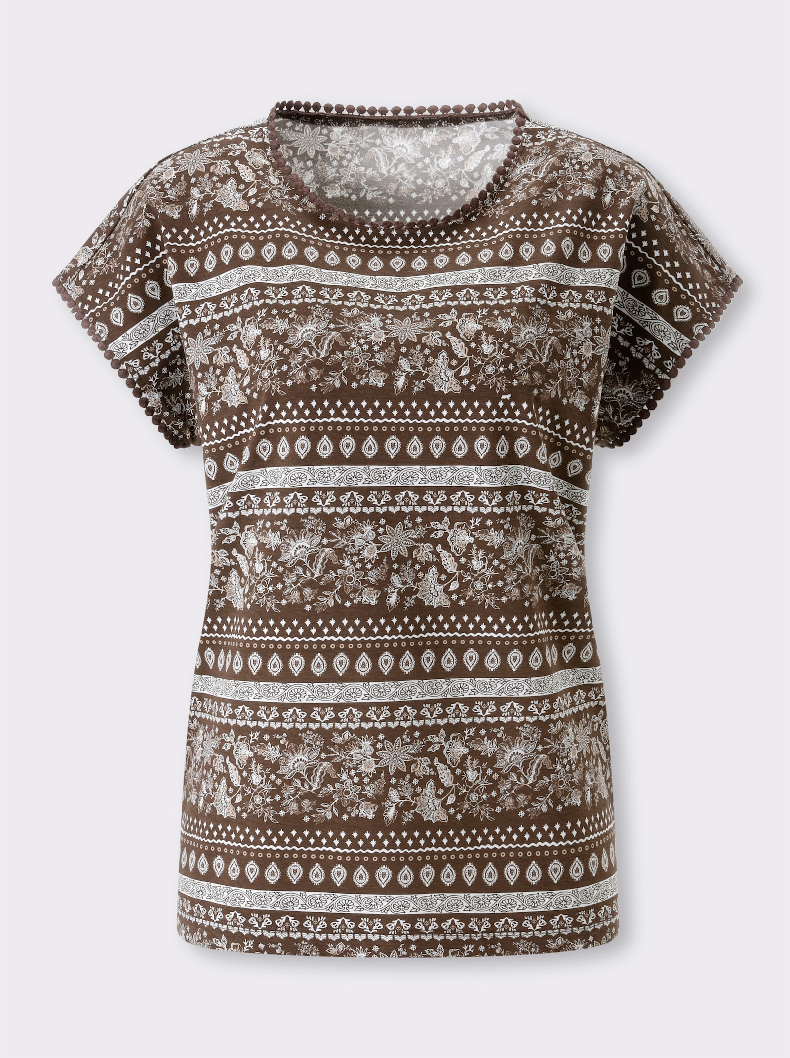 Kurzarmshirt mit überschnittenen Schultern - schoko-beige-bedruckt