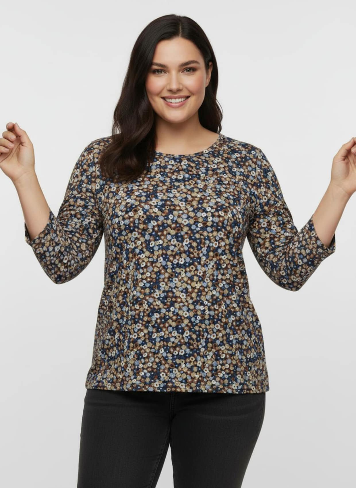 Print-Shirt mit Rundhals-Ausschnitt - camel-taubenblau-bedruckt