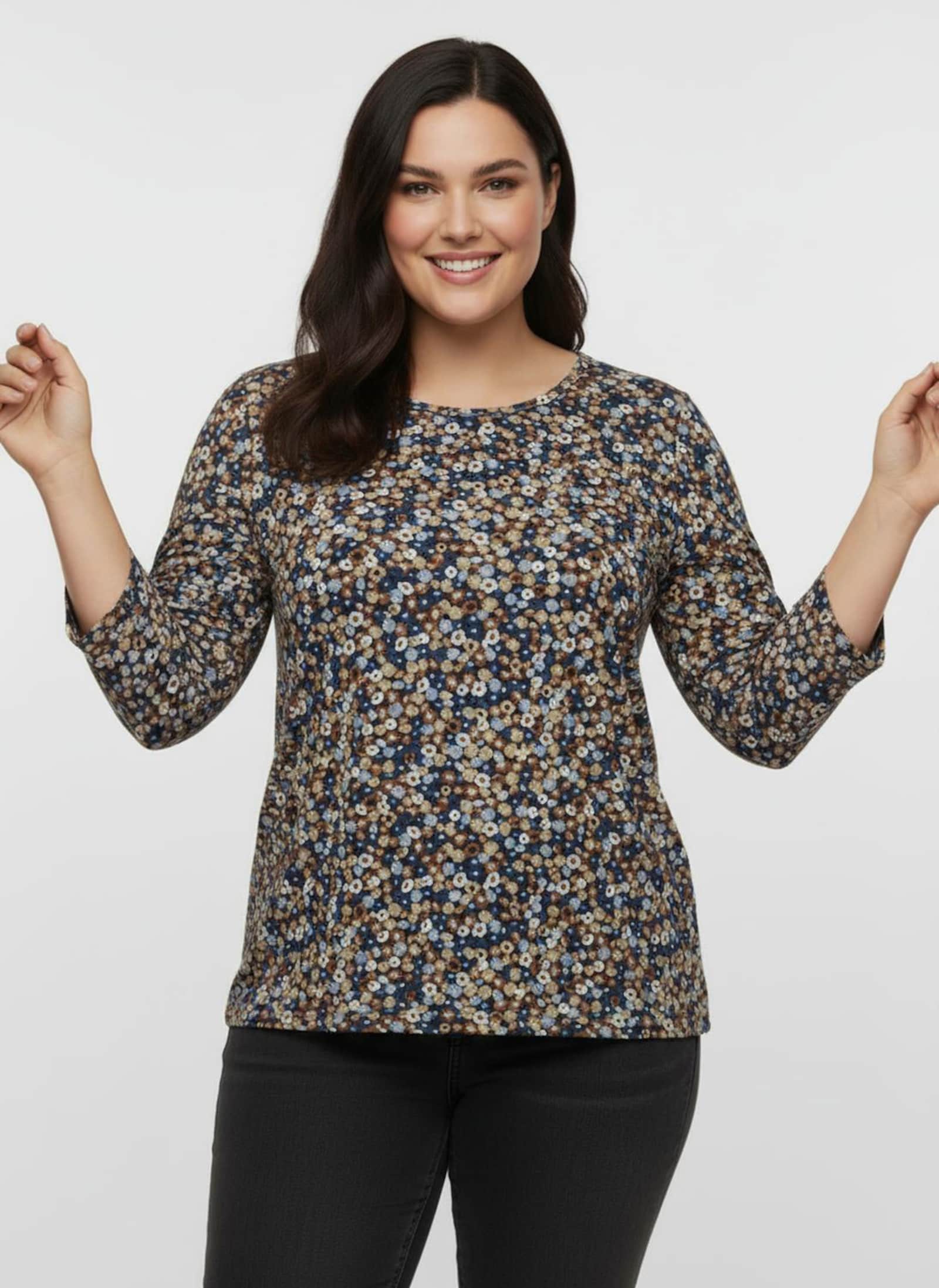 Print-Shirt mit Rundhals-Ausschnitt - camel-taubenblau-bedruckt