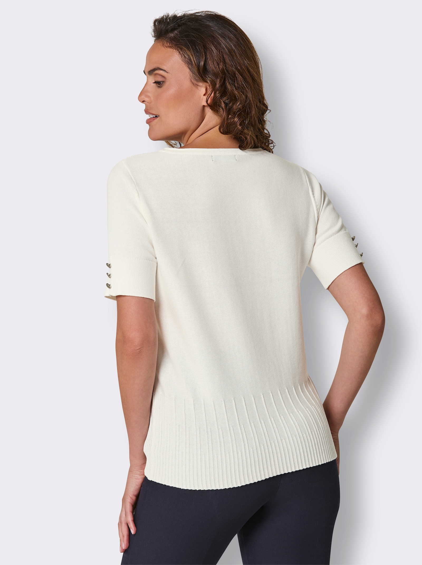 CREATION L PREMIUM Kurzarmpullover mit Zierknöpfen - ecru
