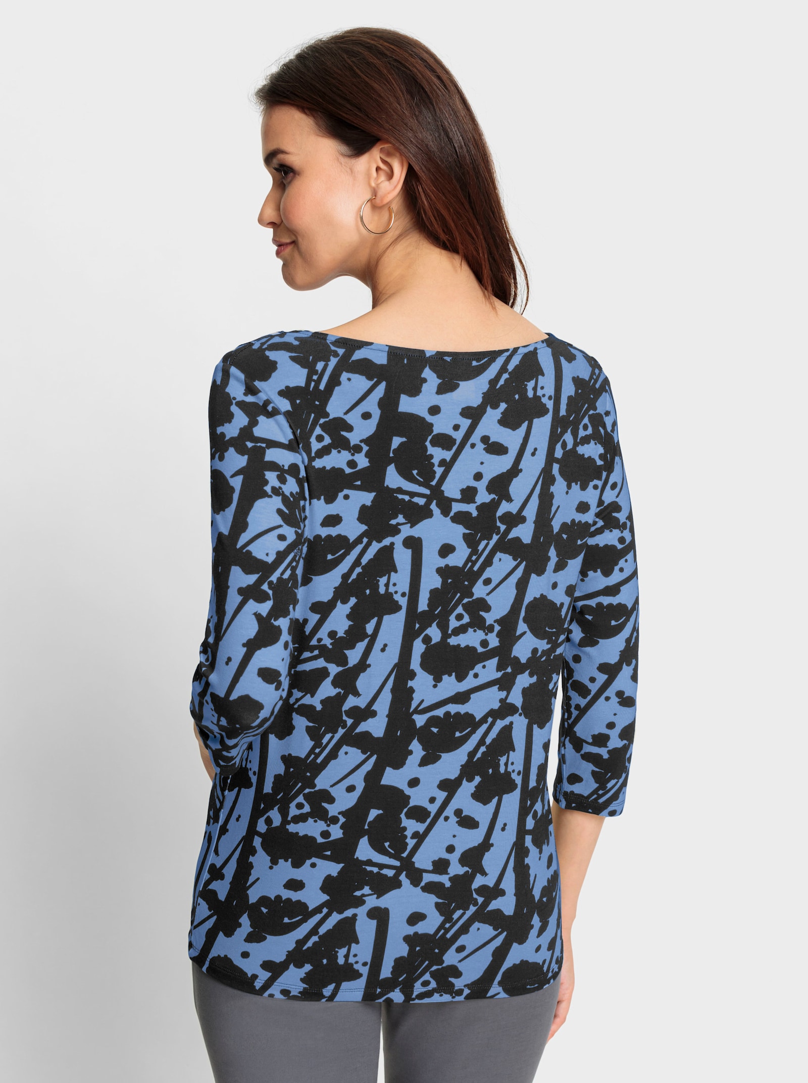 Shirt met cascadehals - hemelsblauw/zwart bedrukt