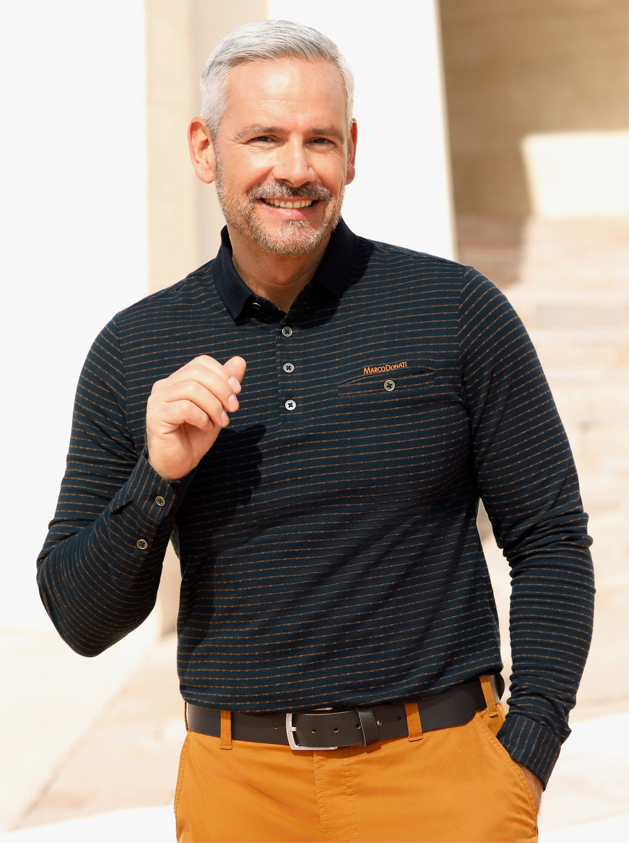 Marco Donati Poloshirt met lange mouwen - zwart/cognac gedessineerd