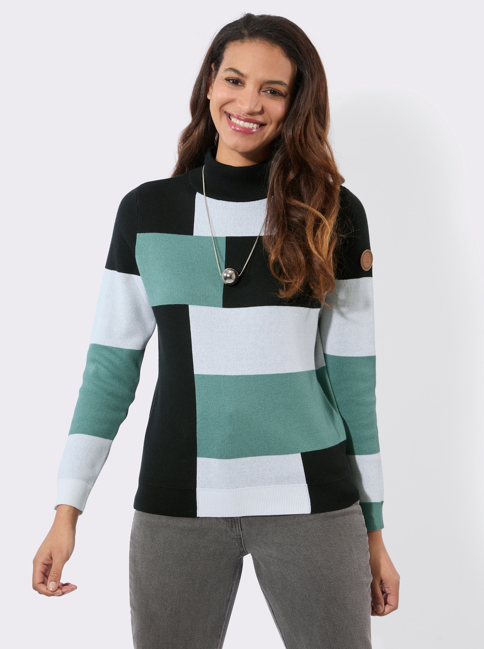 Langarm-Pullover mit Stehkragen - jade-schwarz-gemustert