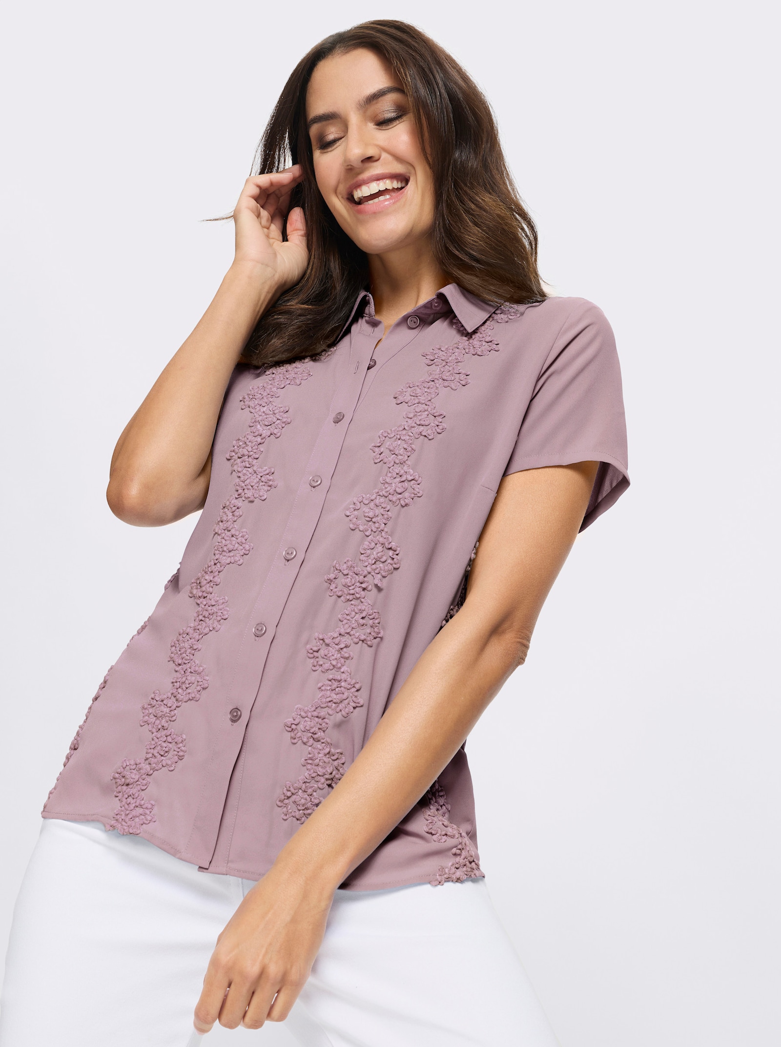 Kurzarm-Bluse mit Blüten-Stickerei - mauve