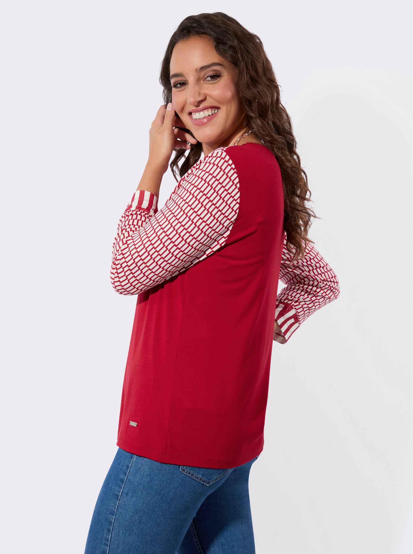 3/4-Arm-Shirt mit Mesh-Einsatz am Ausschnitt - rot-ecru-bedruckt
