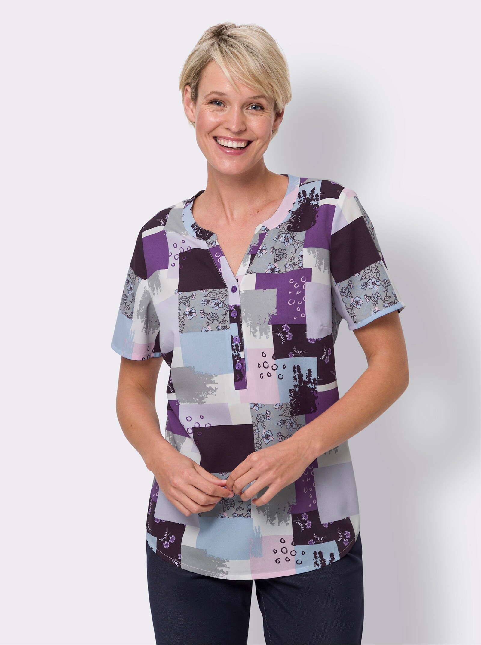 Kurzarmbluse mit Patchwork-Optik - flieder-lila-bedruckt