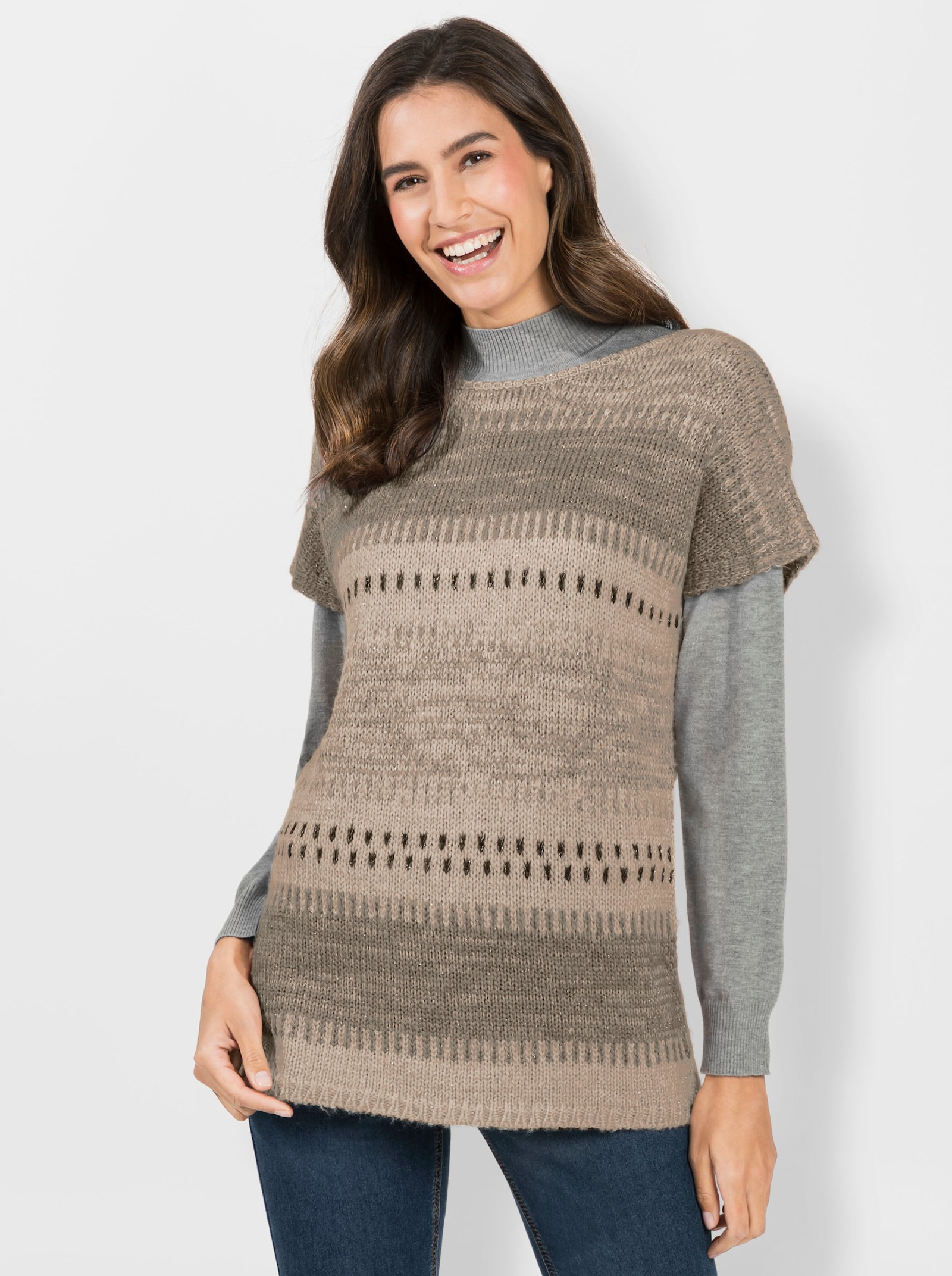 Slip-over met glansgaren - ivoor/sesam gedessineerd