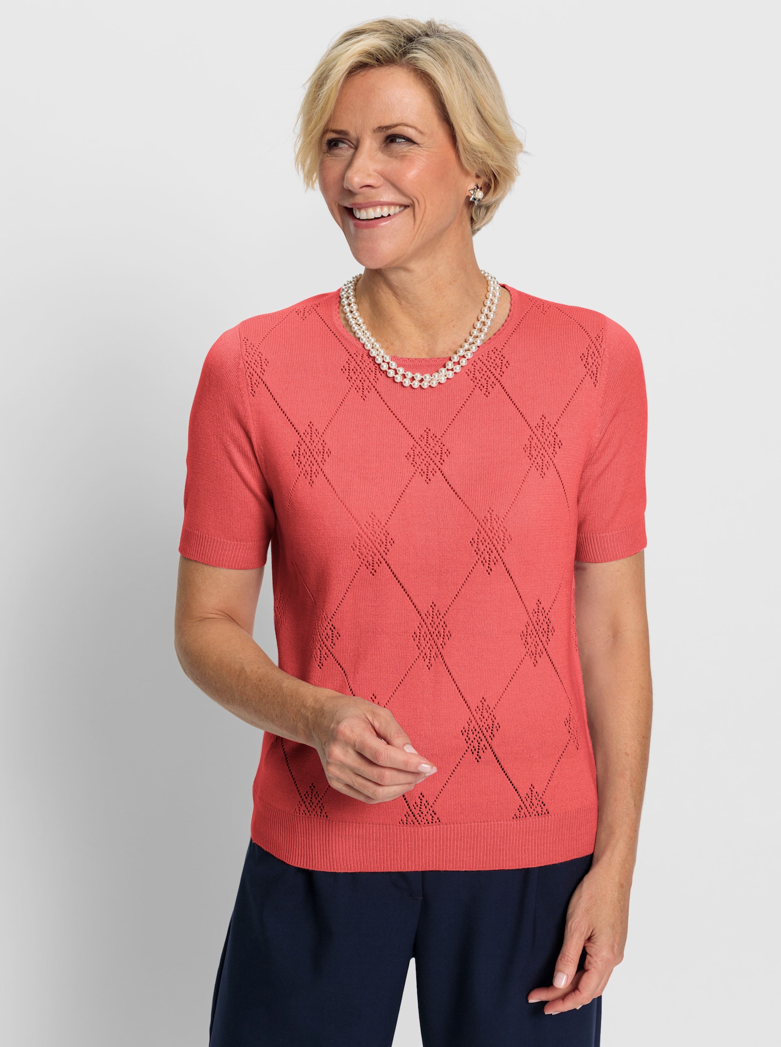 Pullover met ronde hals, achter glad gebreid - koraal