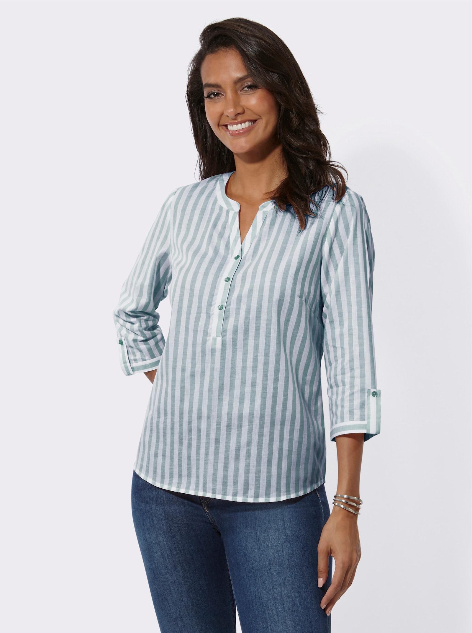 Gestreifte Bluse mit Faltenpartie im Rücken - jade-weiß-gestreift