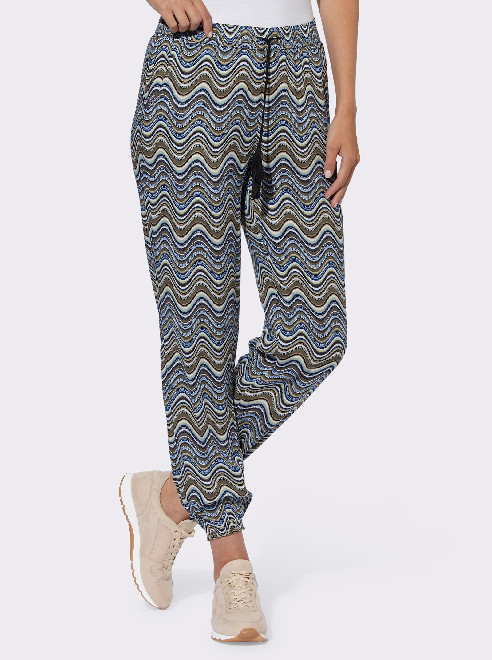 heine Webhose mit elastischem Bund - khaki-schwarz-bedruckt