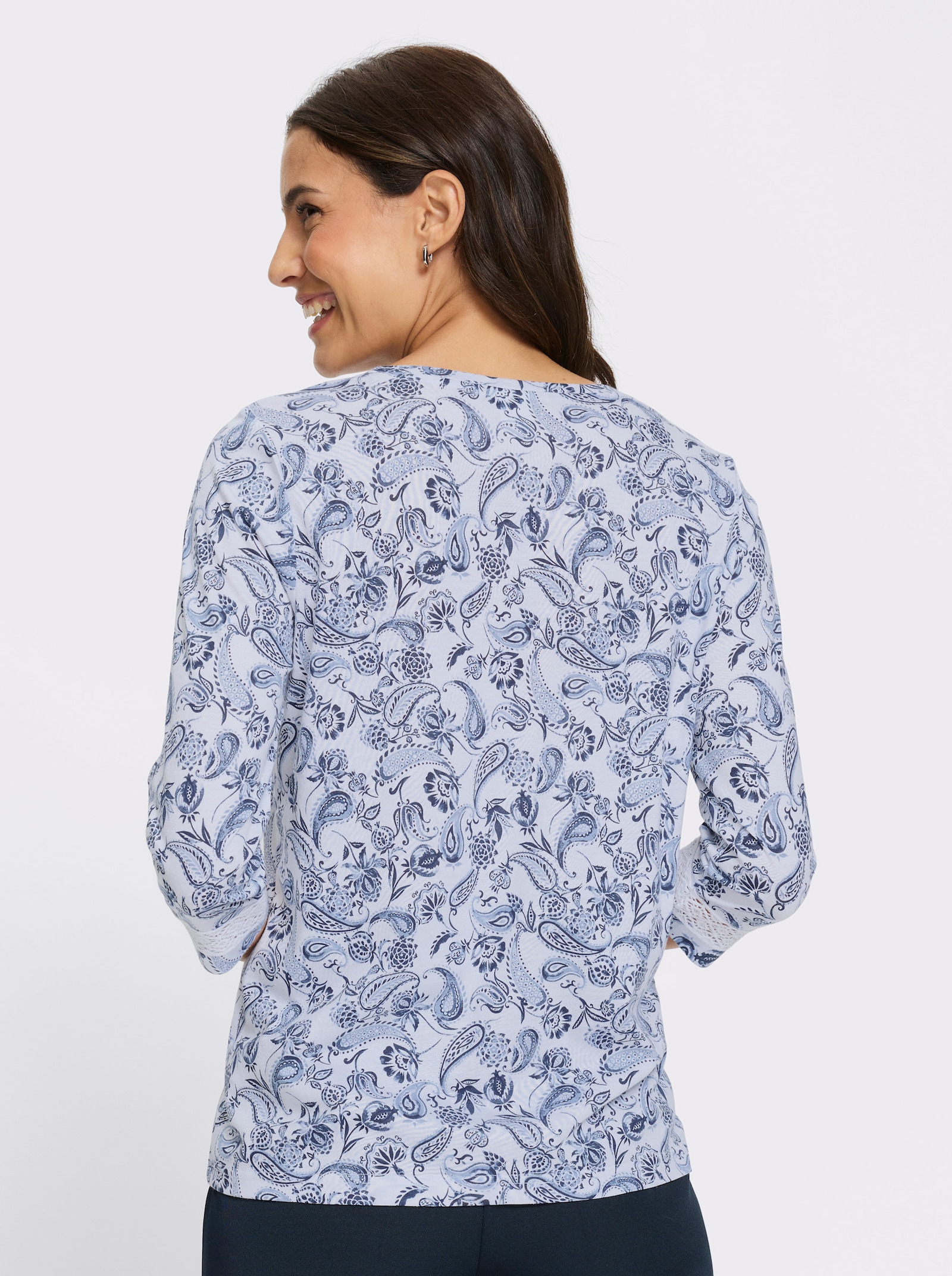 3/4-Arm-Shirt mit Spitzenborte - weiß-bleu-bedruckt
